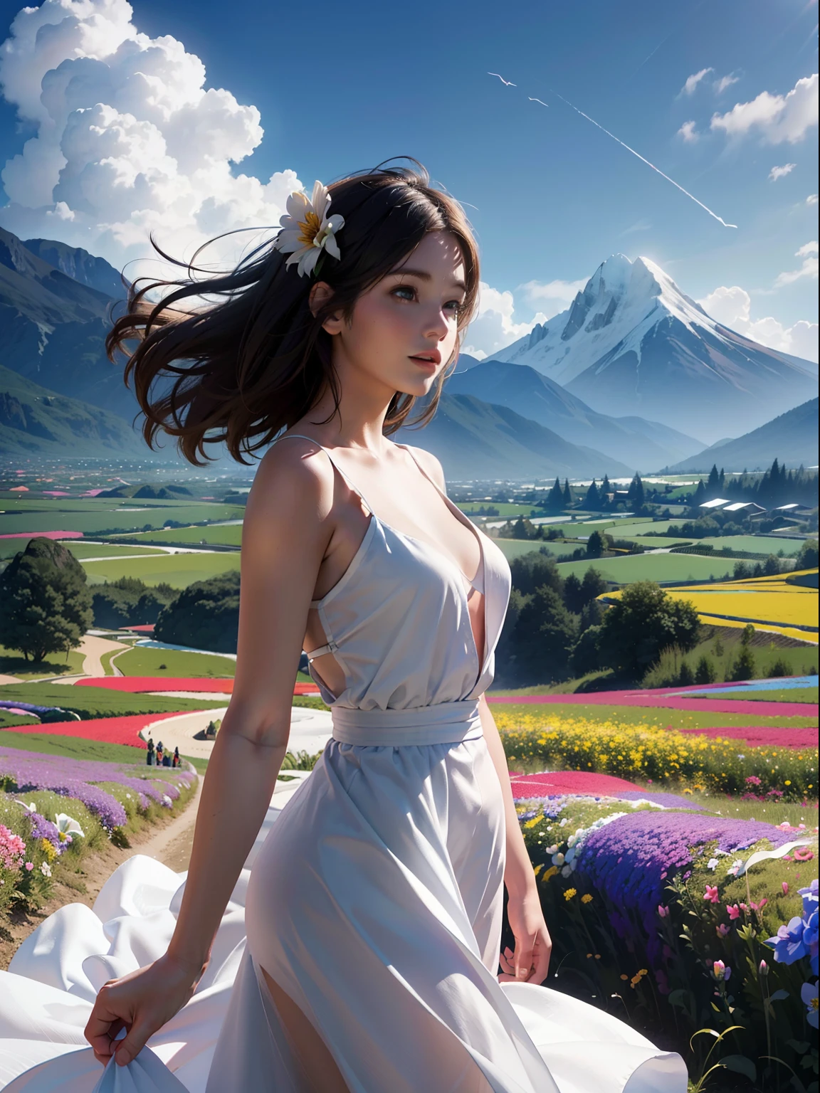 1girl, dynamic angle, cloud and mountain, (flower field:1.4) in the foreground, white dress, light tracing, (floating colorful wind:1)
(photorealistic:1.4), official art, unity 8k wallpaper, ultra detailed, beautiful and aesthetic, masterpiece,best quality, glowing skin, cinematic lighting, light smile