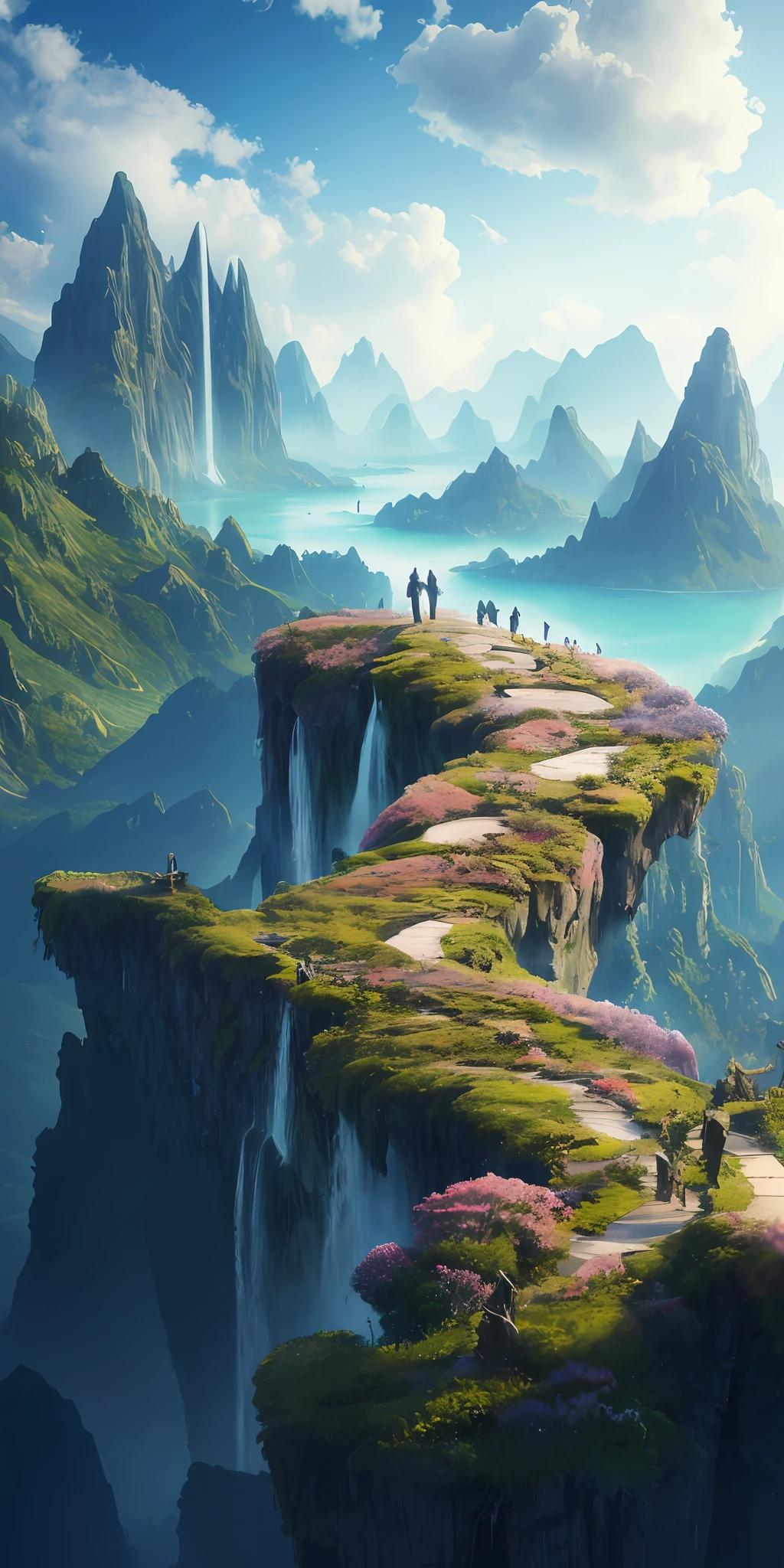 Masterpiece, best quality, high quality, extremely detailed CG unity 8k wallpaper, landscape, outdoor, sky, cloud, sky, no humans, mountain, landscape, water, tree, blue sky, waterfall, cliff, nature, lake, river , cloudy skies, award winning photography, bokeh, depth of field, HDR, bloom, chromatic aberration, photorealism, very detailed, trending on artstation, trending on CGsociety, intricate, high detail, dramatic, midjourney art