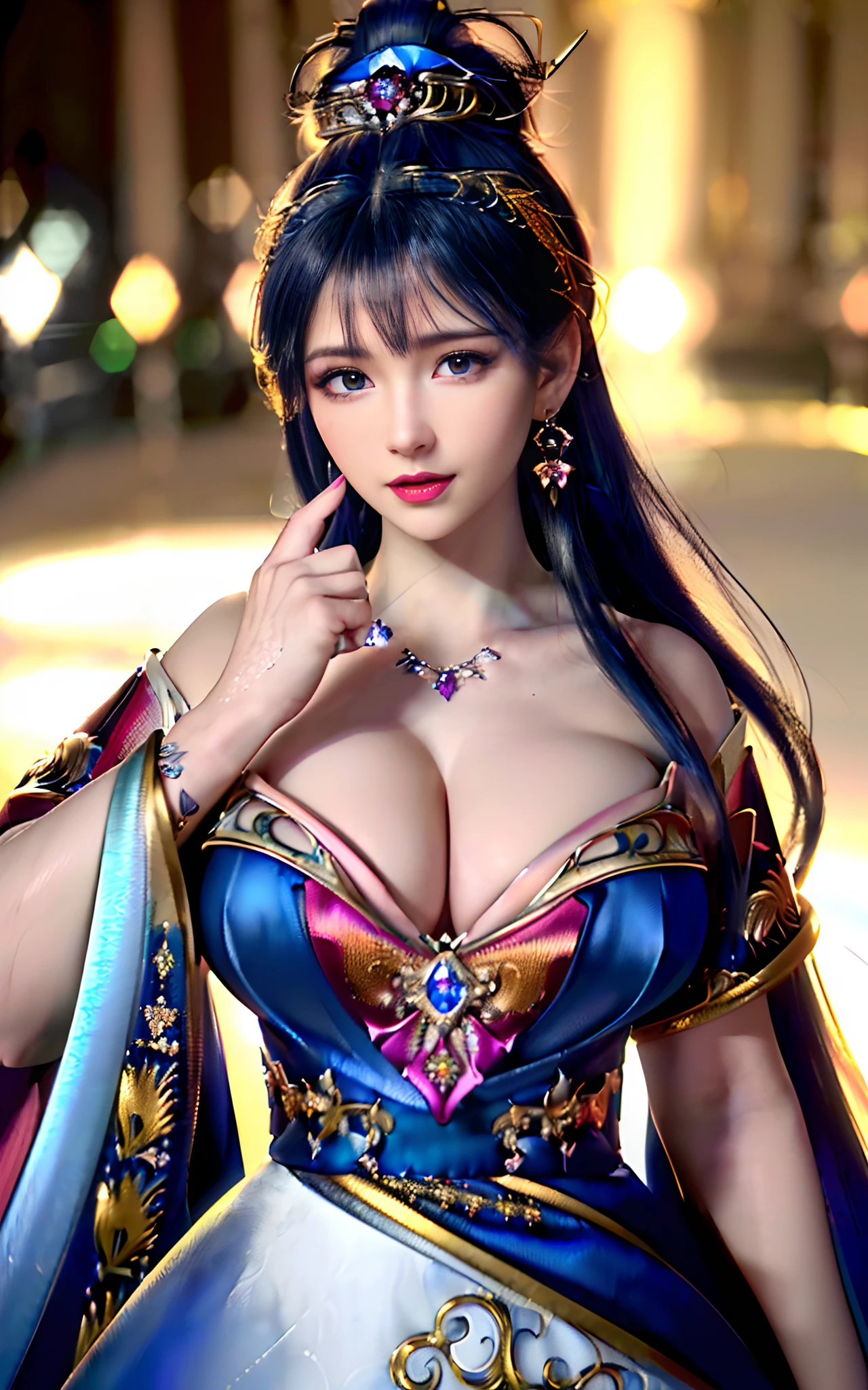 ((realisticity: 1.2)), ((realistic: 8K UHD)), ((best resolution: 8K UHD)), hyper detailed, best quality,masterpiece,highres,cg, ((1 girl hyper detailed and hyper realistic) ) , ((beautiful queen, hyper realistic and hyper detailed)),((white skin, beautiful, smooth, youthful, hyper realistic and hyper detailed )), ((Face hyper beautiful, white, hyper realistic and hyper detailed ) ), long hair, ((hyper realistic and hyper detailed dress)), solo, ((hyper realistic, hyper beautiful, beautiful and hyper detailed jewelry)), ((hyper beautiful deep red and golden yellow dress, hyper realistic and hyper detailed )) , ((Her pretty, hyper realistic, hyper detailed diamond filled earrings)), ((Her gorgeous diamond haircut, hyper realistic and hyper detailed)), ((hyper pretty upper body, hyper beautiful, hyper realistic and hyper detailed) ), ((medium breast: 1.5)), ((hyper realistic, hyper pretty, hyper detailed boobs)),   ((the backgroun of the royal palace is hyper majestic, hyper realistic and hyper detailed)),((hands and palms hyper beautiful, hyper detailed, hyper realistic)), ((fingers: pinky finger, index finger, ring finger, middle finger, and thumb hyper realistic, hyper detailed, hyper beautiful)), ((hyper pretty, hyper pretty, hyper realistic and hyper detailed hair bun)), ((hyper pretty , hyper realistic and hyper detailed blue hair)), candid, Photo, high resolution, 8k , bokeh,