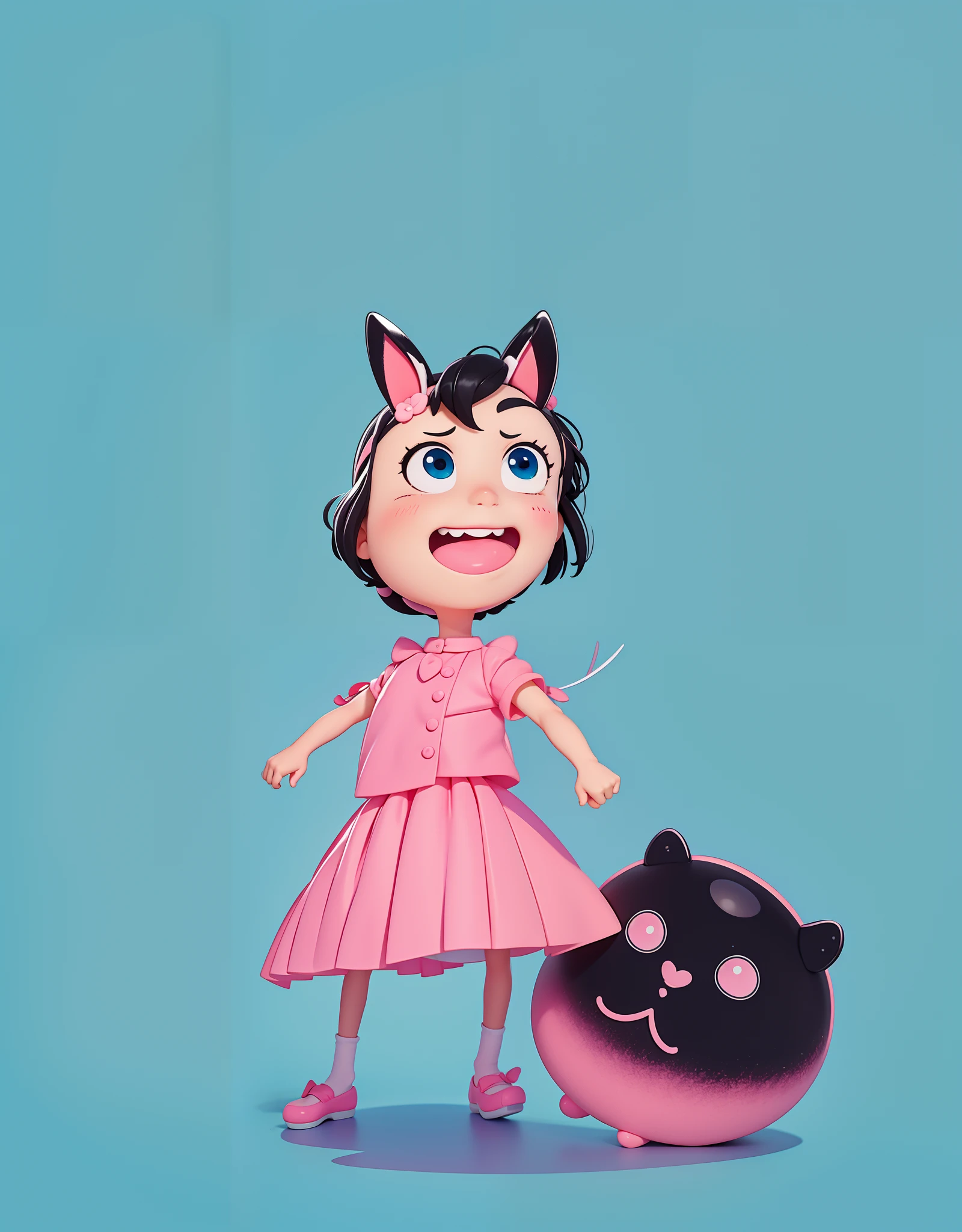 A little girl has a pair of rabbit ears,Black hair,ssmile,Big eyes,Carry toy pets with you,Cyan skirt,Pink clothes,Small colorful toys,