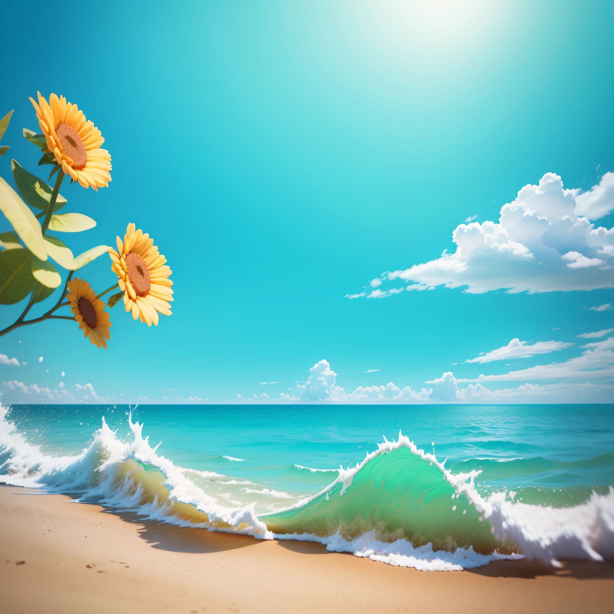 Summer seaside, beach, sunny weather, clear sky, sunny, colorful, happy and happy summer vacation, simple picture, close-up, brilliant sunshine, distant waves, visual impact, 3D DreamWorks style, the perspective is square