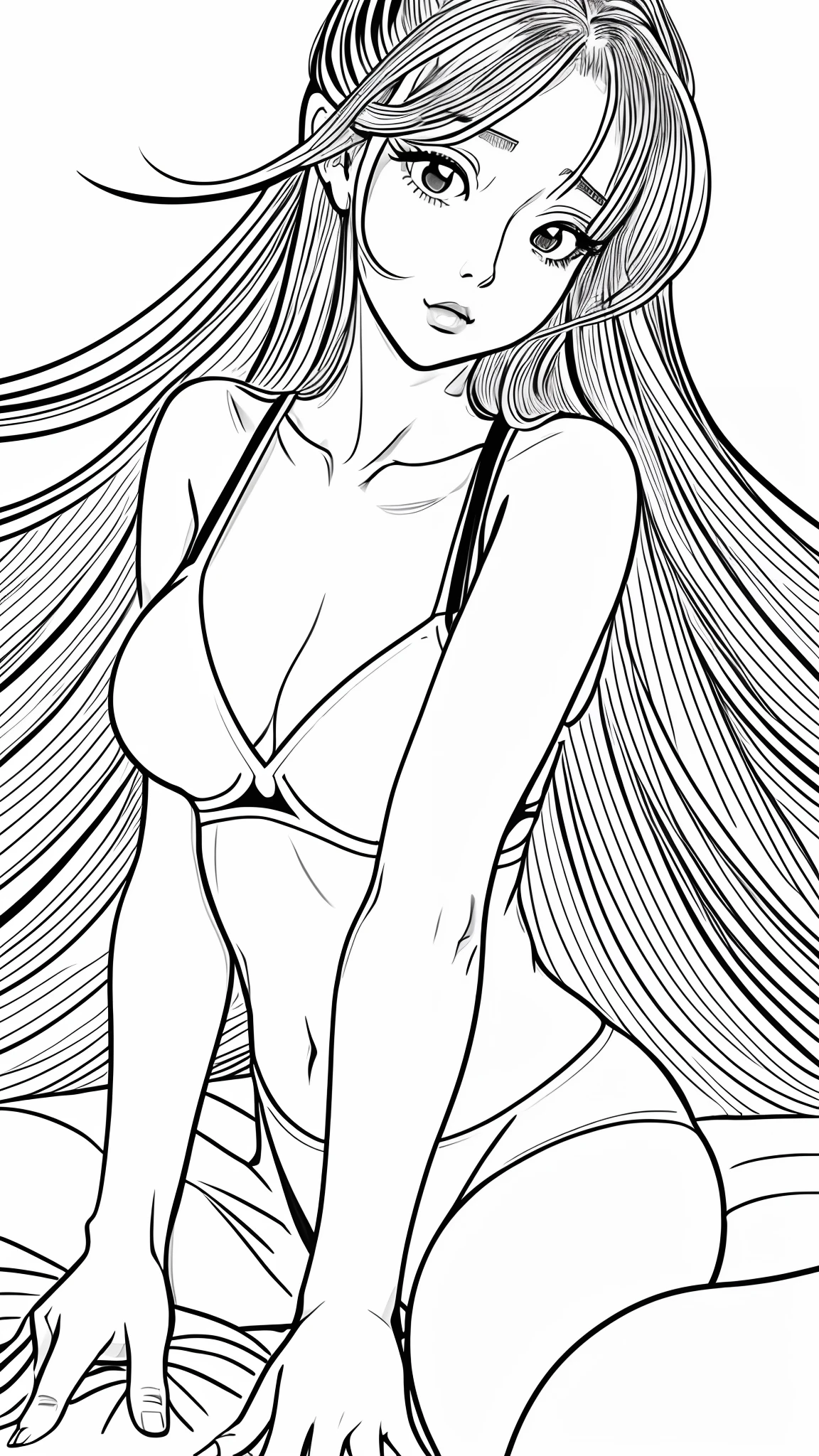 Drawing of a woman with long hair sitting on a bed, Thick line art, thick black lineart, clean anime outlines, outlined art, thick linework, Bold lineart, simple line art, intense line art, thick vector line art, simple line art, Ink Outline, thin line art, outlines, linear art, clean line drawings, line-drawing!!