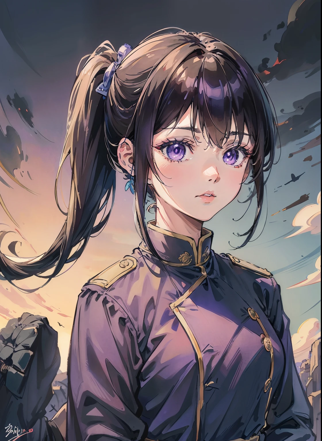 animesque、animations、(top-quality)、(超A high resolution)、(high-detail)、4K、blue military uniform 、A dark-haired、Longhaire、poneyTail、Purple eyes、Hold your sword