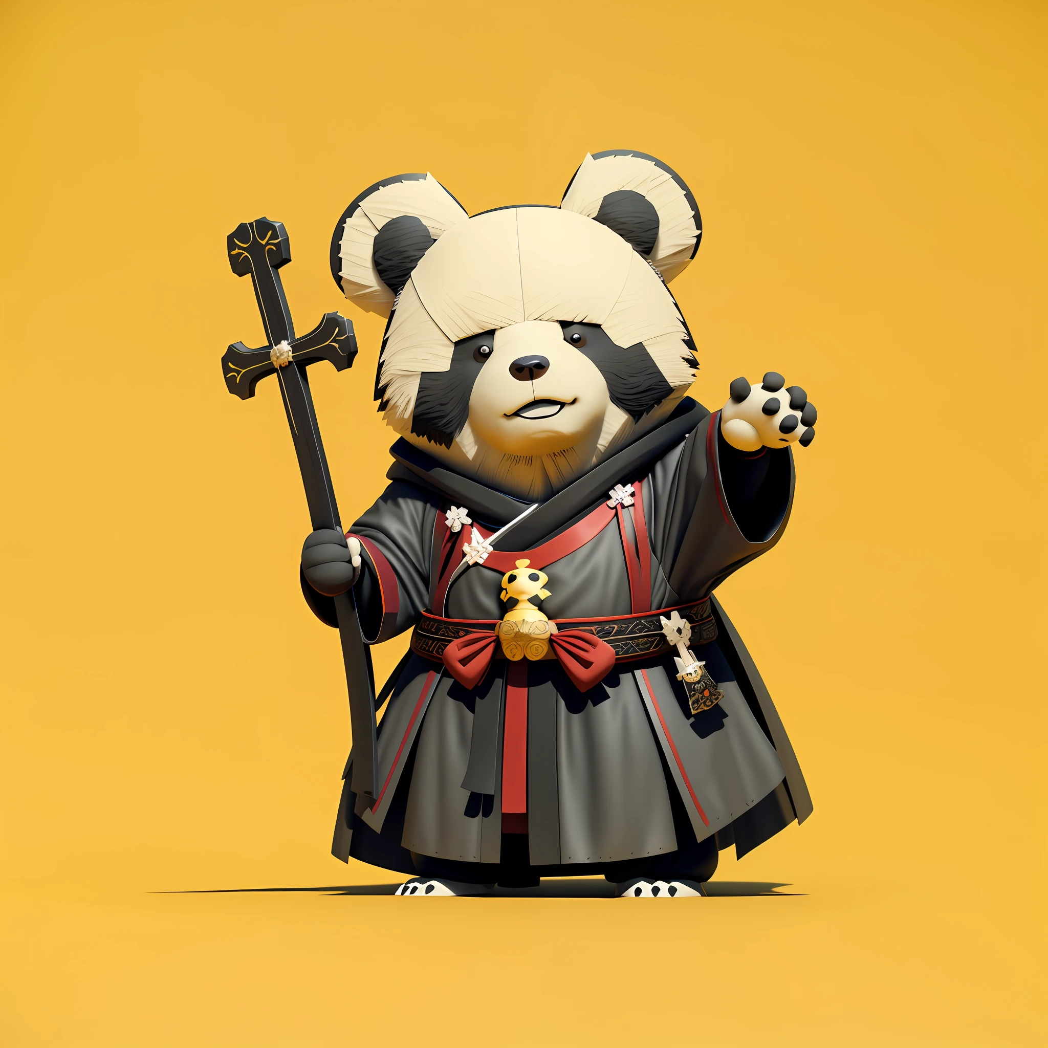 There is a cartoon bear in a robe，holding a cross, anthropomorphic samurai bear, Great character design, pikachu as jesus, high quality character design, dressed like a cleric,, holy crusader, black bear samurai, [ 3D character design ], robed, interesting character design, ye mighty, rendering by octane，((3D character design))，(rendering by octane)