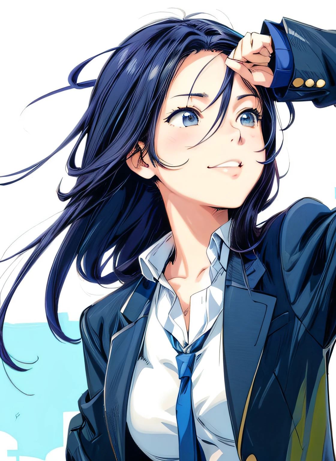 actionpose、Overflowing、cheerfully、(Manga style)、(linear art_Anime)、(solid color_strong contrasts)、小柄,Solo_girl, masterpiece, top-quality, beautifully drawn, ighly detailed, Aesthetic painting, (Lora Add Details:1.0),hi-school girl、Straight hair、jaket、Business suits、neck tie、(Background of the building district:1.0)
