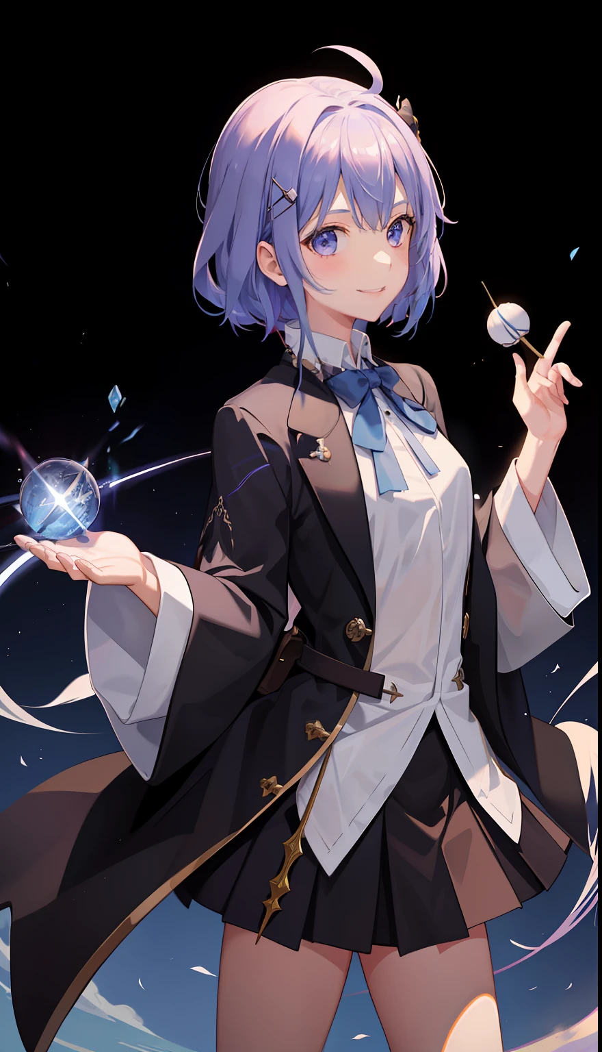 1girl in、A smile、A delightful! The shirt、skirt by the、(small tits)magic wands、Magic hat、cloaks、Sorcerer、