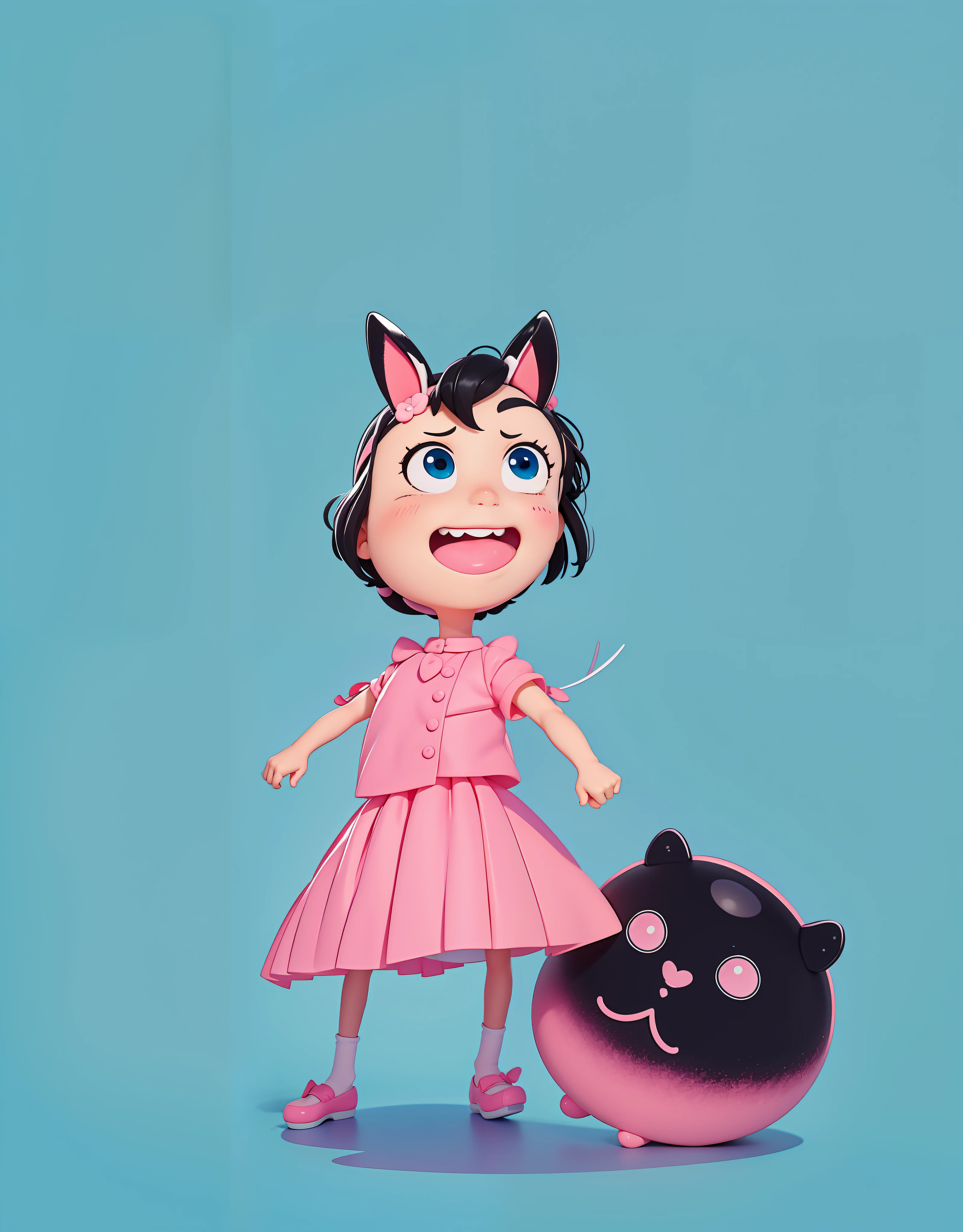 A has a pair of rabbit ears,Black hair,ssmile,Big eyes,Carry toy pets with you,Cyan skirt,Pink clothes,Small colorful toys,