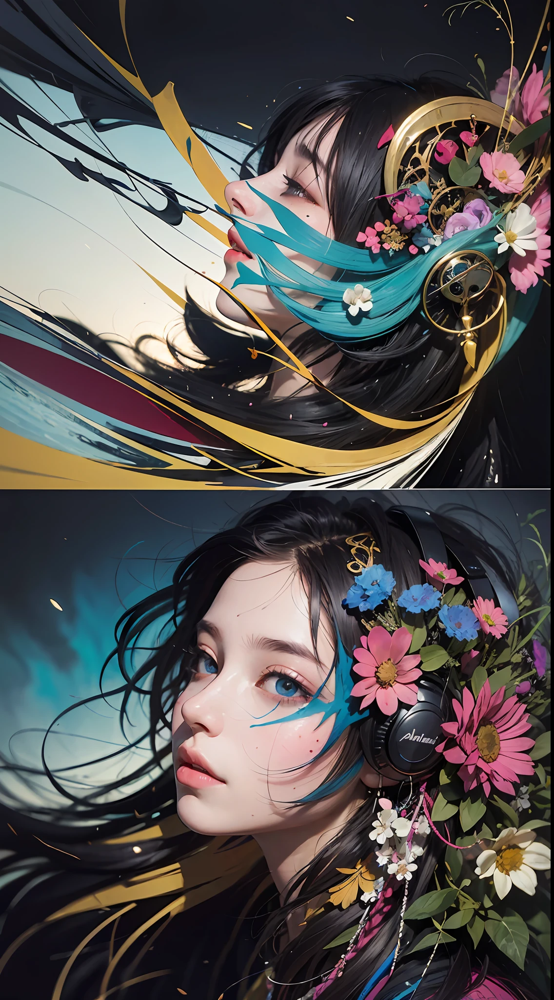 official art, unity 8k wallpaper, ultra detailed, beautiful and aesthetic, beautiful, masterpiece, best quality, (zentangle, mandala, tangle, entangle), dynamic angle, cowboyshot, the most beautiful form of chaos, elegant, a brutalist designed, vivid colours, romanticism, by james jean, roby dwi antono, ross tran, francis bacon, michal mraz, adrian ghenie, petra cortright, gerhard richter, takato yamamoto, ashley wood, atmospheric, enjoying a stream of music, where you can visualize the notes, ecstasy of musical notes, streaming musical notes visible