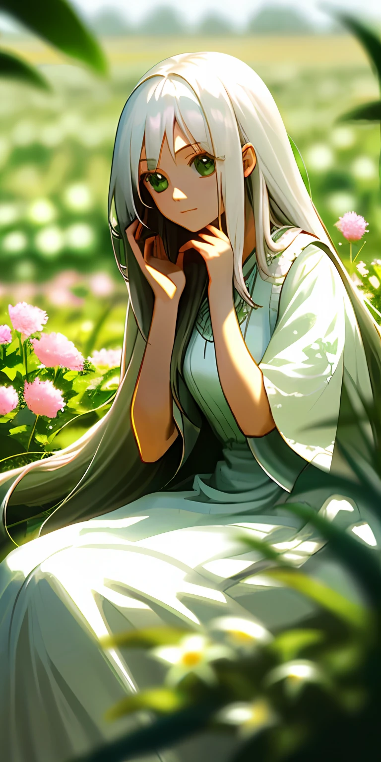 (masterpiece, best quality),1girl with long white hair sitting in a field of green plants and flowers, her hand under her chin, warm lighting, white dress, blurry foreground