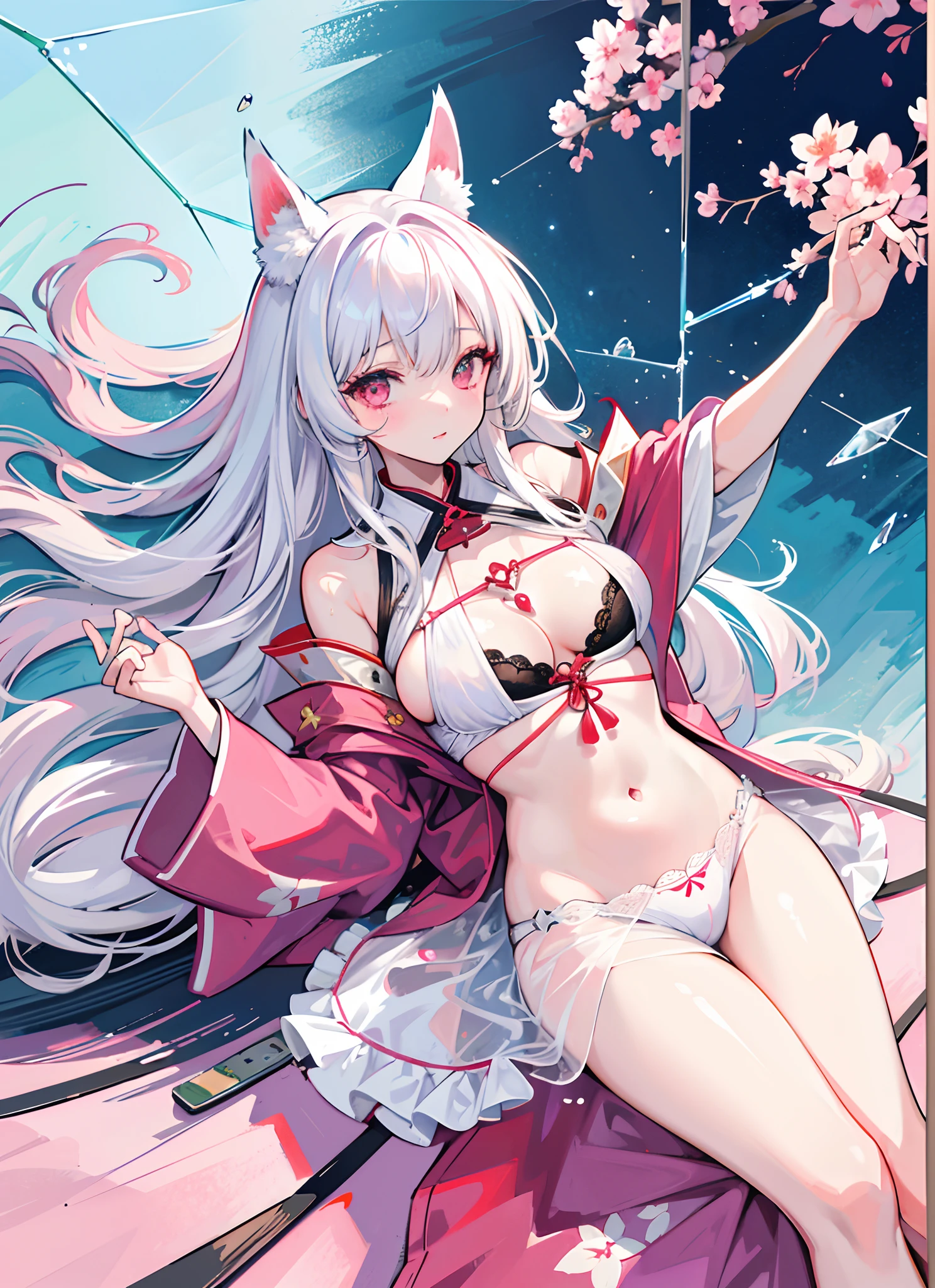 girl with,white  hair,Pink eyes,The long-haired,(Floating hair:1.5),Light smile,Luminous eyes,wet​,kimono、oriental,Wet clothes,(Lying on the glass:1.5),Fox ears,(bra very:1.3),(Garment Lift:1.7),lower boobs,see -through,thighs thighs thighs thighs,grass field,Sateen,cherry trees,(starrysky:1.3),(masterwork:1.3),(Top image quality),(Top image quality:1.2),(superfine illustration:1.2),(Top image quality)、(Works of monks)、(8k wallpaper)、hight resolution、