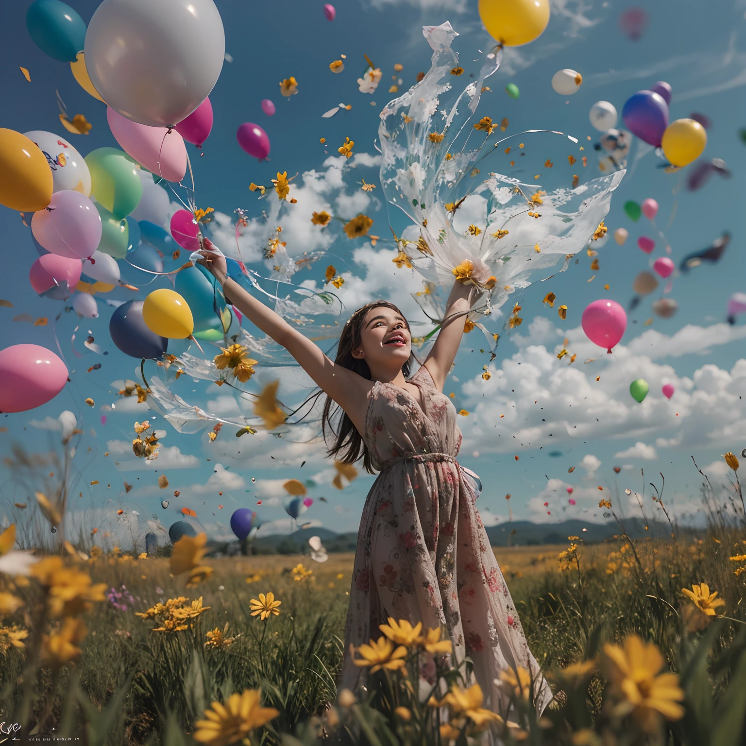 A 12-year-old girl holds flowers,There are colorful balloons floating in the sky,grassy fields,Dance,Holding flowers,cabelos preto e longos,cheerfulness,Rejoice,Perfect quality,Clear focus(Clutter - home:0.8), (tmasterpiece:1.2) (realisticlying:1.2) (Bokeh) (best qualtiy) (detailedskin:1.3) (complexdetails) (8K) (detailedeyes) (Sharp focus),(having fun)closeup cleavage