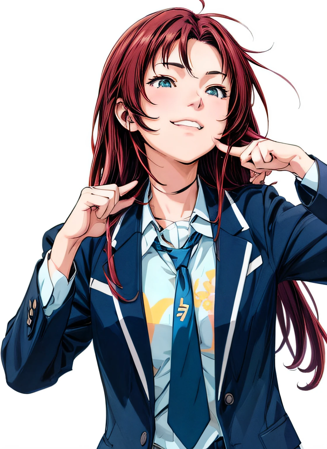 actionpose、Overflowing、cheerfully、（Manga style）、(linear art_Anime)、(solid color_strong contrasts)、小柄,Solo_girl, ​masterpiece, top-quality, beautifully drawn, ighly detailed, Aesthetic painting, (Lora Add Details:1.0),hi-school girl、Straight hair、jaket、Business suits、neck tie、（Background of the building district:1.0）