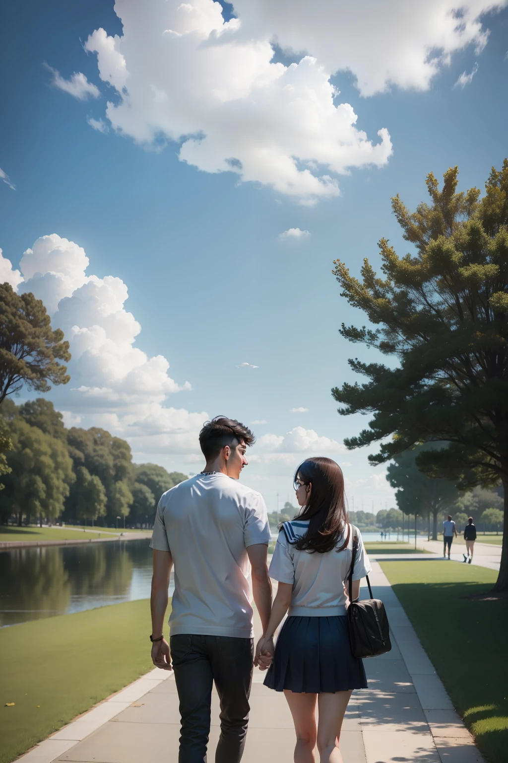 University campus Couples walking by the lake Blue sky and white clouds