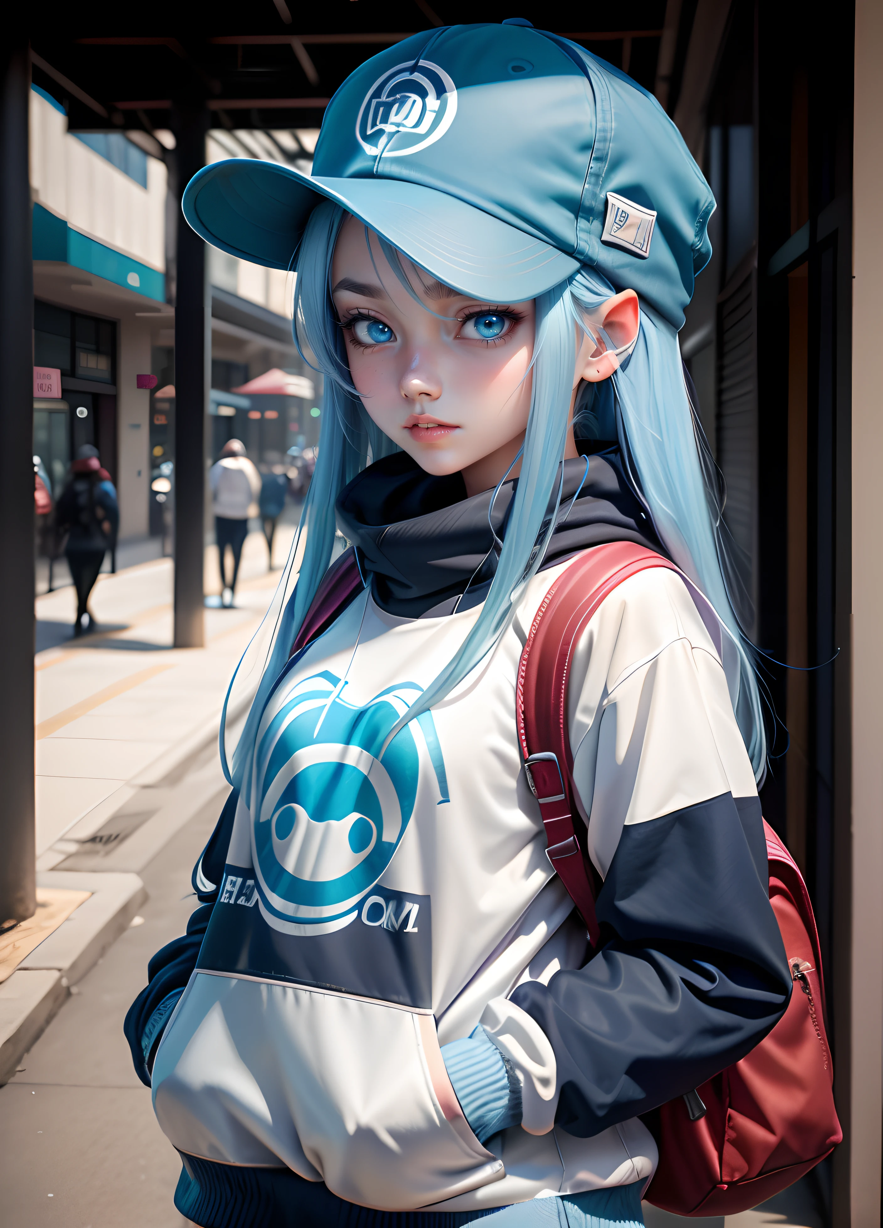 one-girl,Ice blue gradient long hair,blue color eyes,Wide hat sweatshirt,Wearing a baseball cap,Carrying a rucksack,Put your hands in your pockets,Face the lens,3 d animesexy