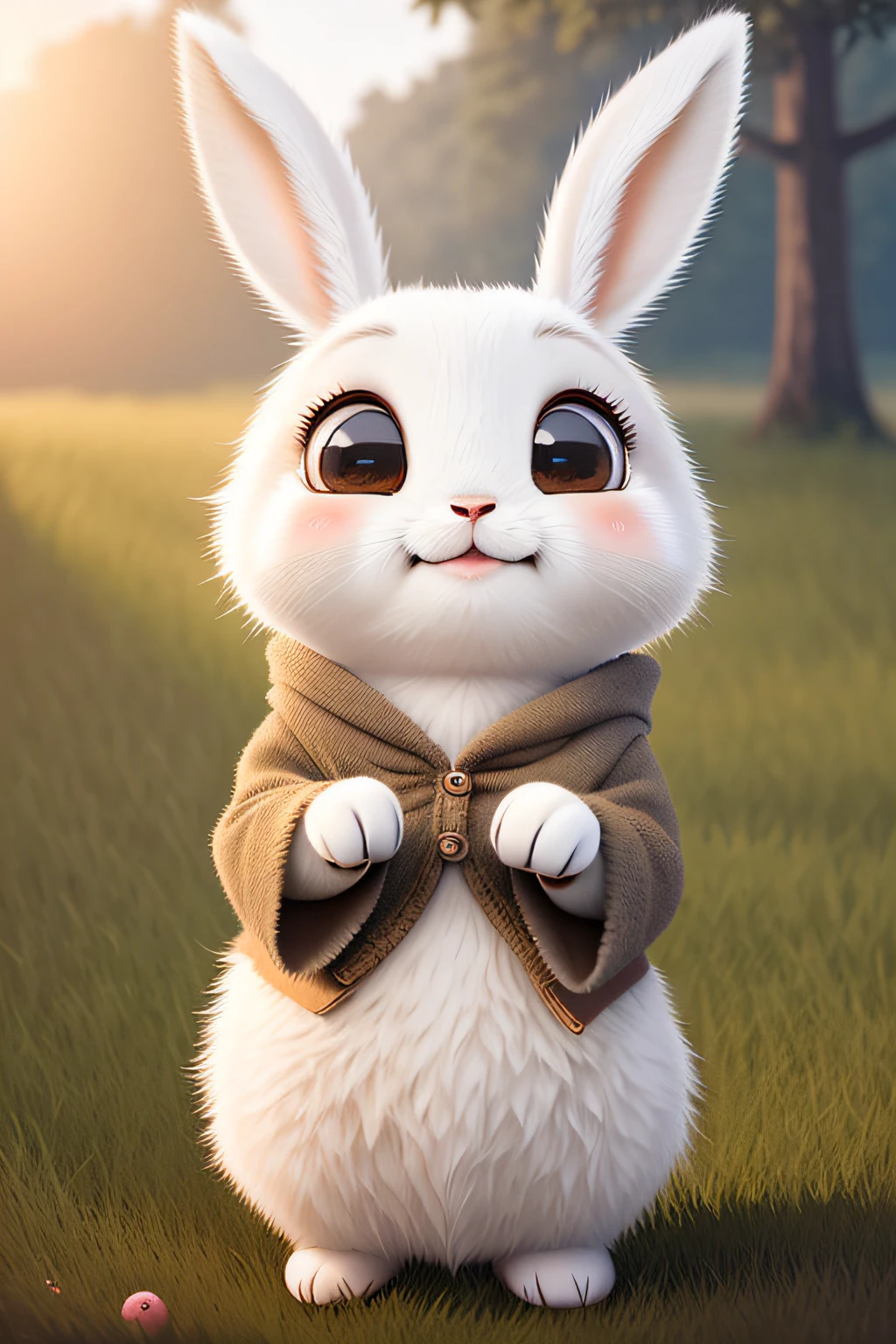 Cute adorable little bunny waving and smiling greeting me, unreal engine, cozy interior lighting, art station, detailed digital painting, cinematic, character design by mark ryden and pixar and hayao miyazaki, unreal 5, daz, hyper realistic, octane render, 3DMDT1