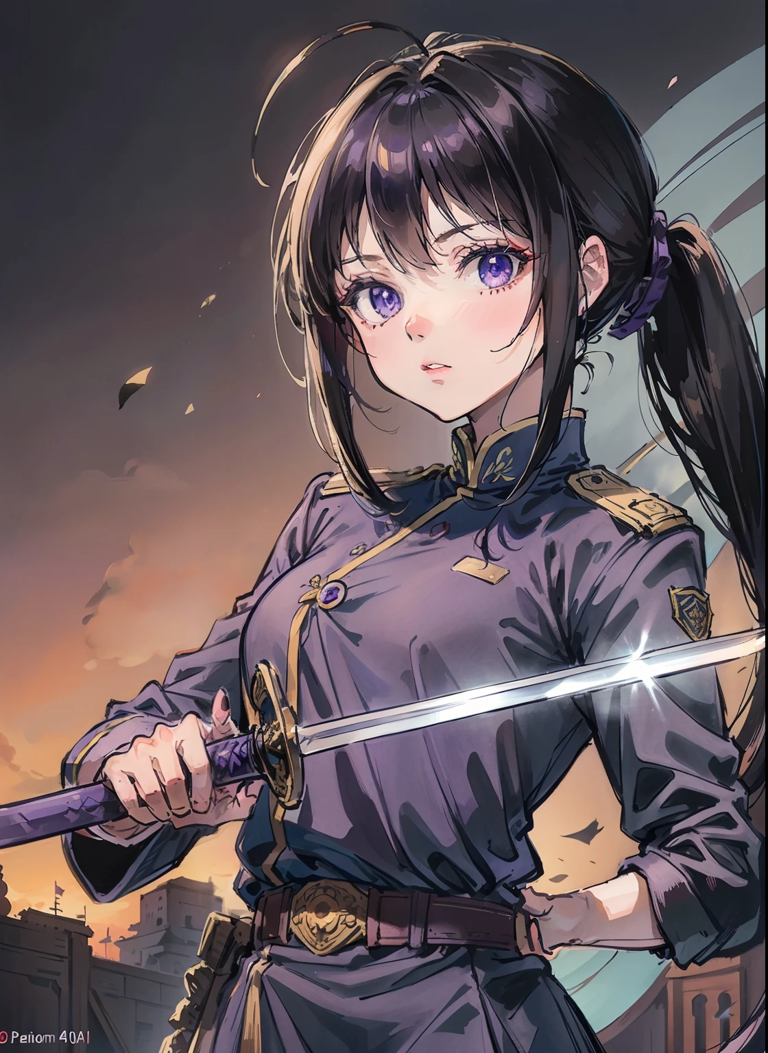 animesque、animations、(top-quality)、(超A high resolution)、(high-detail)、4K、blue military uniform 、A dark-haired、Longhaire、poneyTail、Purple eyes、Hold your sword