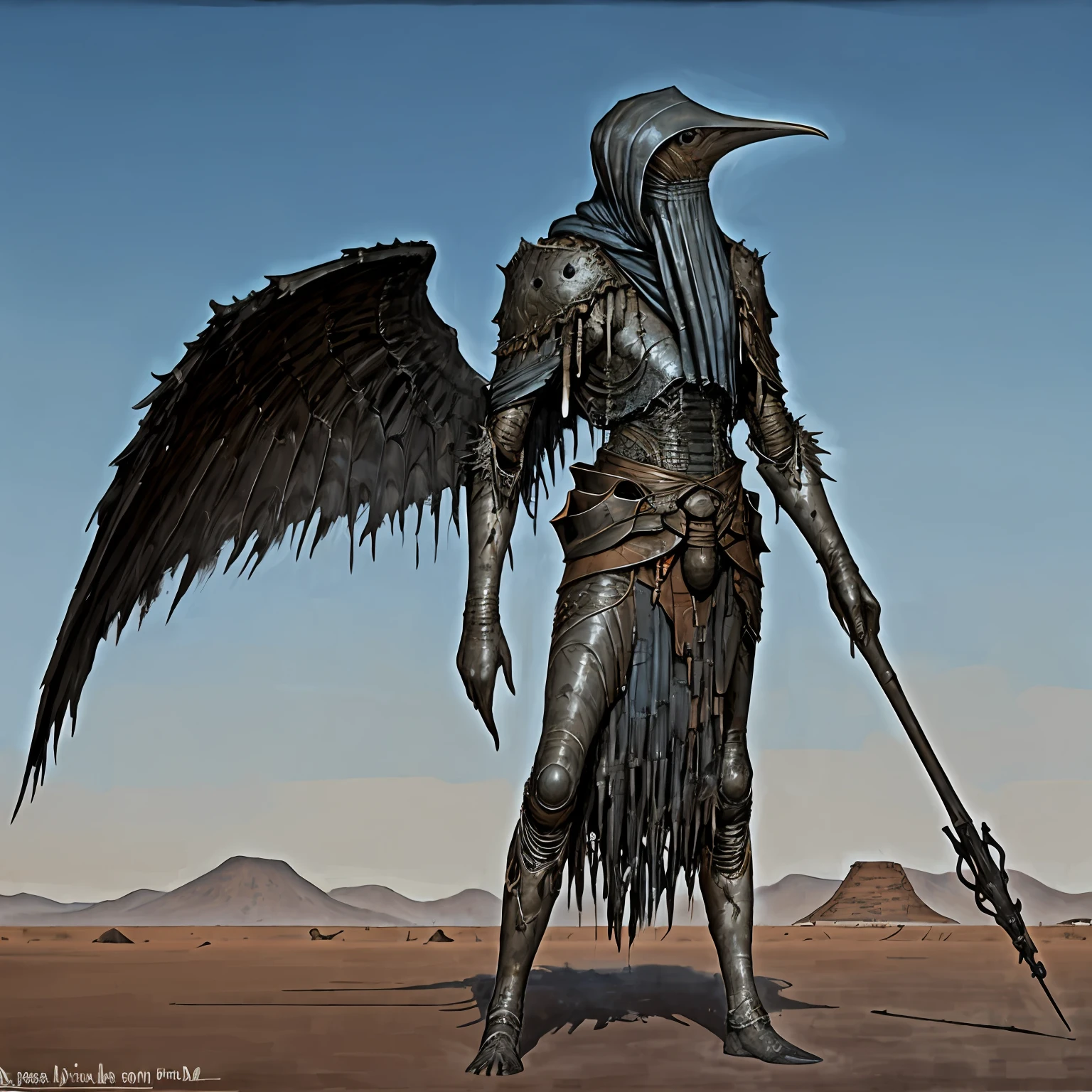 (Ariel Style:1.0), Dark, Horror, creepy, Spooky appearance, Painting, lovecraftian, grease, Painting \(Medium\), Drawing, brushstrokes, 

In Desert Man、Giant bird-like creature on its back、Man with a hood on his head, skyporn, day, A desert, Solo, Blue sky, 1other, Outdoors, Full body, arma, Standing