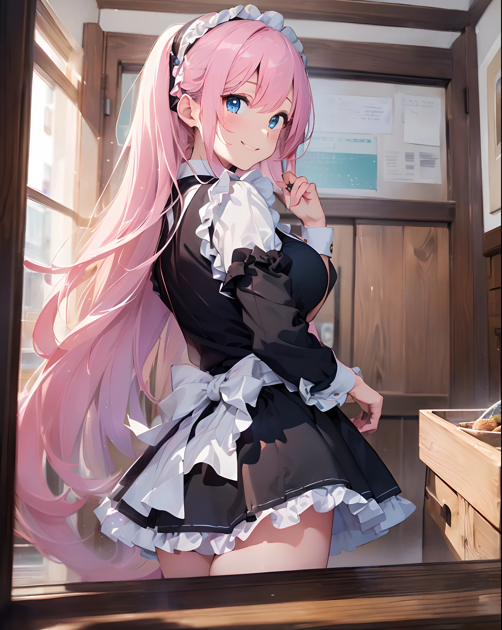 ((masterpiece))、((top-quality)、(Super Detail)、in 8K、Delicate depictions are filmed in anime style。
posterior view、(Very long hair、A pink-haired、Bright blue eyes)18year old、(full bodyesbian)、Cute Maid Clothes、Maid Cafe、Take orders with a smile