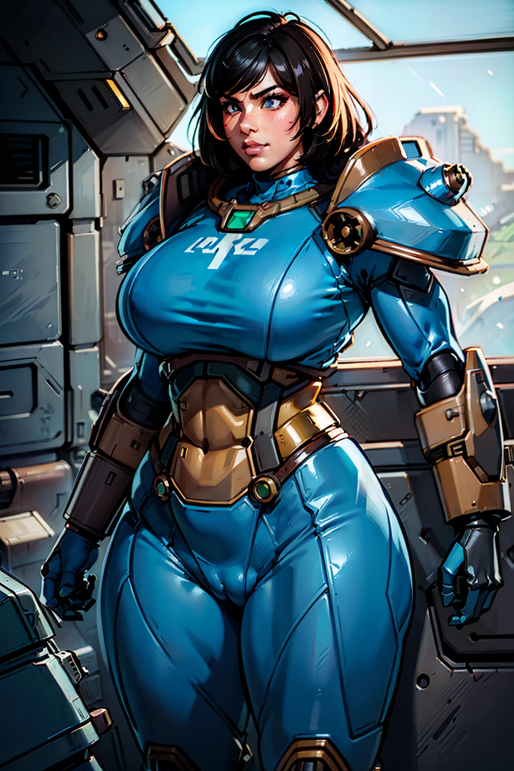 sexy, professional artwork, detailed eyes, beautiful eyes, beautiful face, flawless face, gorgeous face, smooth features, blush, thick thighs, beautifully detailed background, sci-fi, science fiction, future, neon lights, space ship interior, space ship, space, space visible through window, outer space, mechanical background, power armor, power suit, armored, armor, cyberpunk, cyborg, cyborg woman, cybernetics, cybernetic, robot, robotic arm, robotic leg, smiling, short hair, black hair, black armor, metroid, metroid prime, heavy armor, mecha suit, combat scene, intense action, chubby, thick, curvaceous, voluptuous, thick thighs, wide hips, belly, soft, full figure, big beautiful woman, pudgy, retro armor, bare metal armor, rust, dark armor suit, armor suit, metal breastplate, fully armored, full plate, t-51b, fallout power armor, armored midriff, fully covered