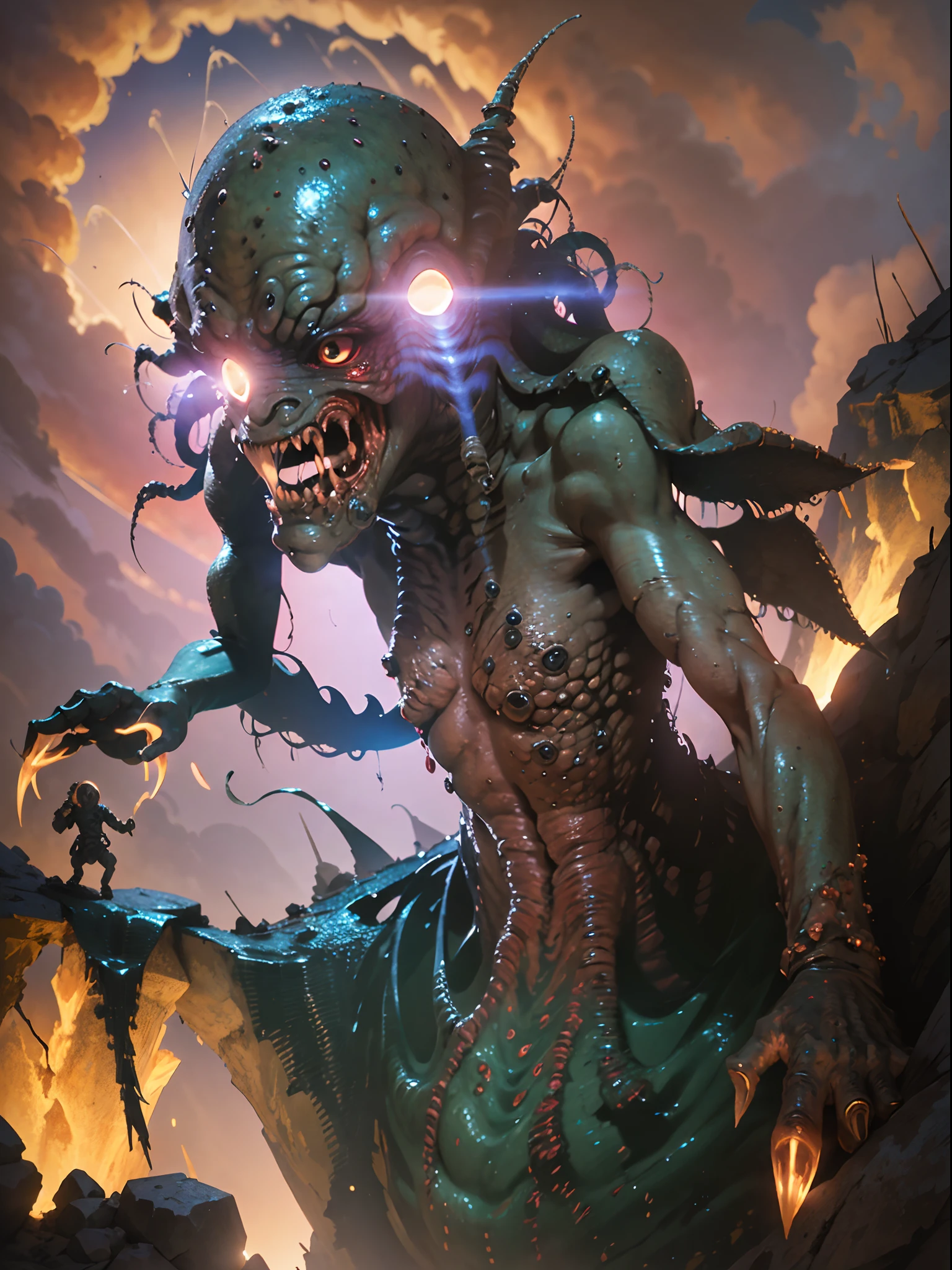 (Cthulhu trolls)，(solo person：1.1), dynamic angle，Giant body shape，afloat，The characters are located between huge canyons，Dill Sky，Huge broken wings，over exposure，(hold fists：1.21)，face expressionless，hairs between eyes，blood vess，palp，tentaculata，Delicate body hair，Terrifying gaze，Multiple eyes all over the body，molten lava，Lens flare，(tmasterpiece：1.21)，(top Quority：1.331)，(illustration：1.21)，(Fluffy hair：1.21)，(frilld：1.21)，