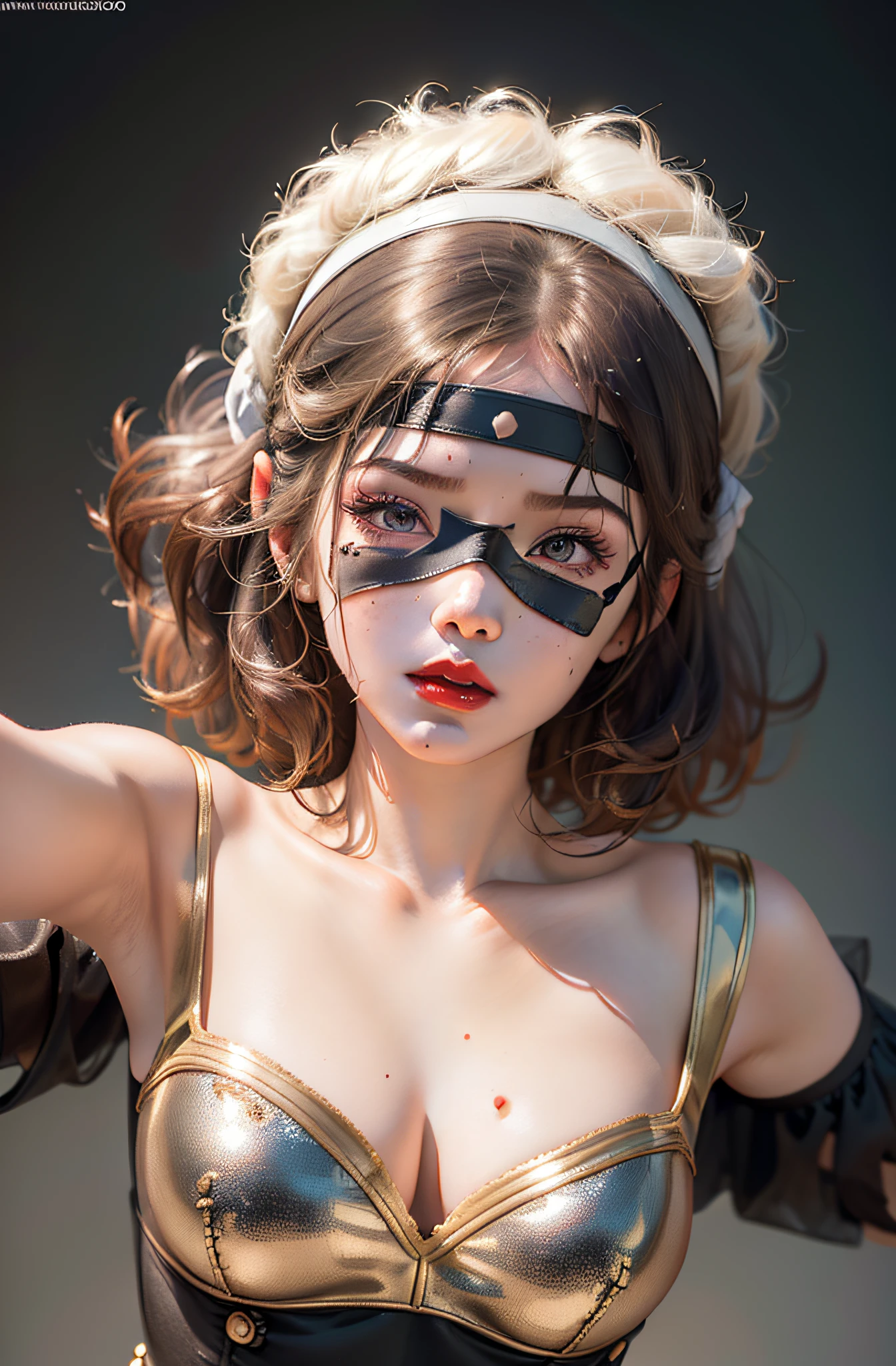 (16k gradient hair girl, short detailed hair, Blindfolded, Headband, Moles under eyes, eye closeds, Redlip, Maximalism, god light, Vignetting, bust chart, Look up to the perspective to shoot, Best quality, tmasterpiece)