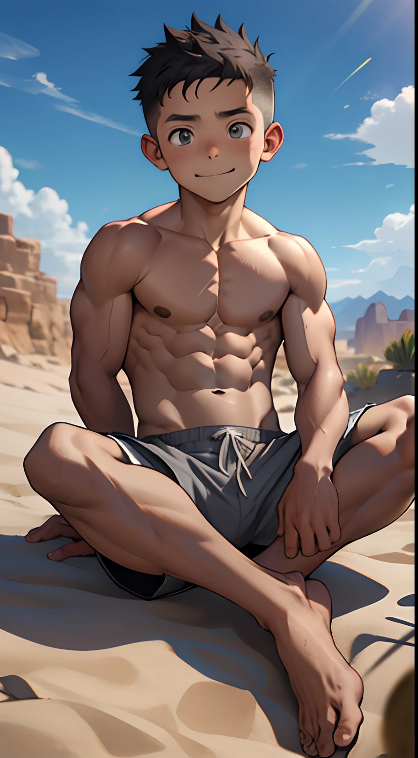 (masutepiece, Best Quality),1boy,(e boy,childd,Boy's face),a baby face,ideface,Naked sitting in the desert,infancy,young age,short round face,Flat chin,finely detaild face,Gray shorts,well-muscled,short-hair,radiant eyes,opens his eyes wide,with an intricate,full body Esbian,nakeness,Abs pectoral muscles,vivd colour,(depth of fields:1.2),(Abs),looking at viewert,Full body portrait of a slight smile