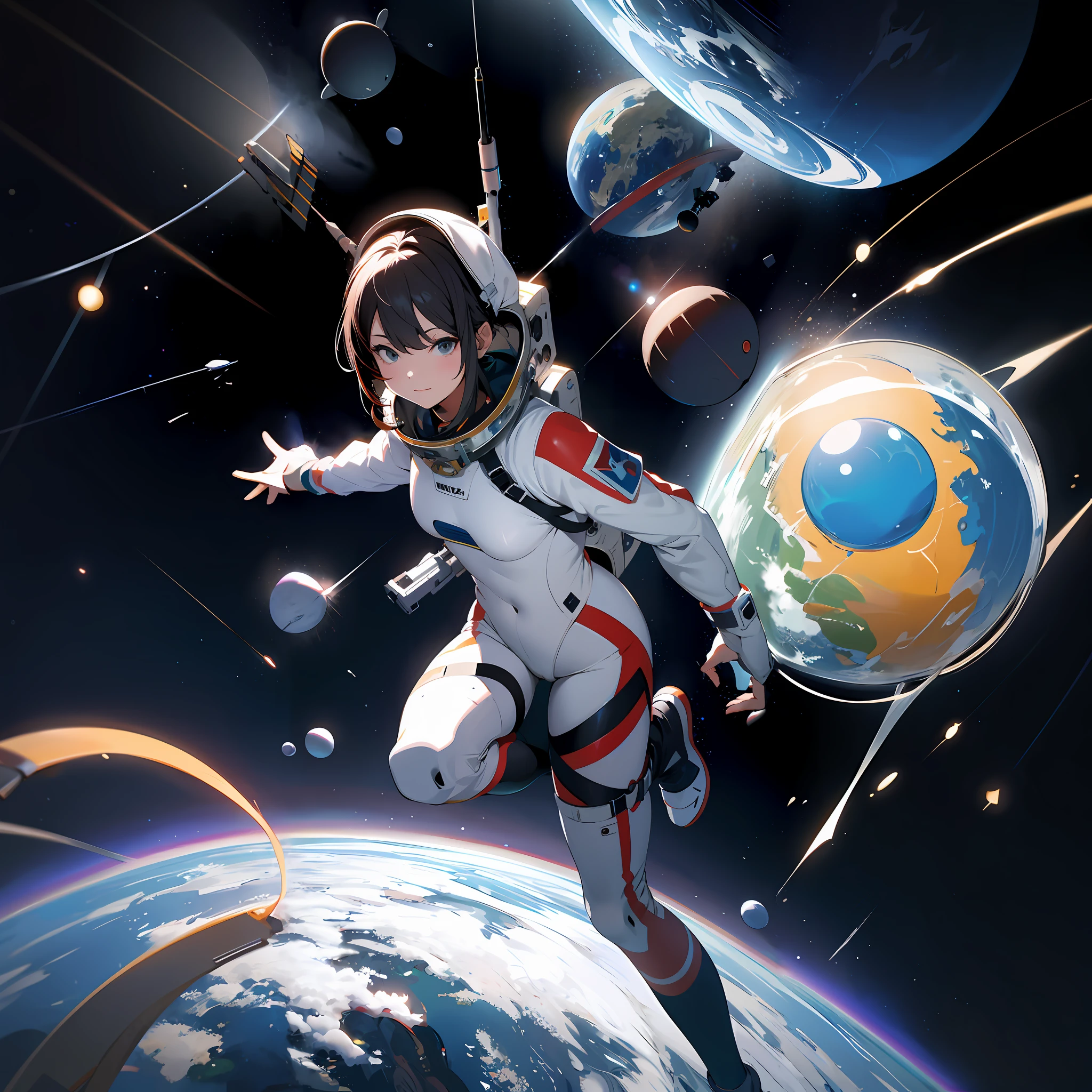 anime girl in space suit flying through the air with planets in the background, portrait anime space cadet girl, girl in space, fully space suited, spacesuit, in space, with a space suit on, atey ghailan 8 k, in spacesuit, best anime 4k konachan wallpaper, wear spacesuits, smooth anime cg art, space suit