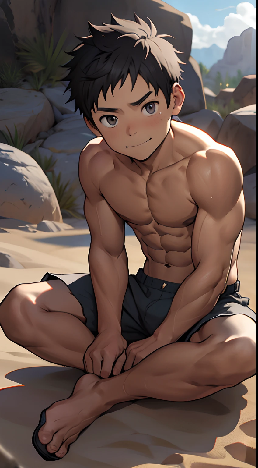 (masutepiece, Best Quality),1boy,(younge boy,child-faced,Boy's face),a baby face,infancy,sideface,Naked sitting in the desert,infancy,young age,short round face,Flat chin,finely detaild face,Gray shorts,well-muscled,short-hair,radiant eyes,opens his eyes wide,with an intricate,full body Esbian,nakeness,Abs pectoral muscles,vivd colour,(depth of fields:1.2),(Abs),looking at viewert,Full body portrait of a slight smile