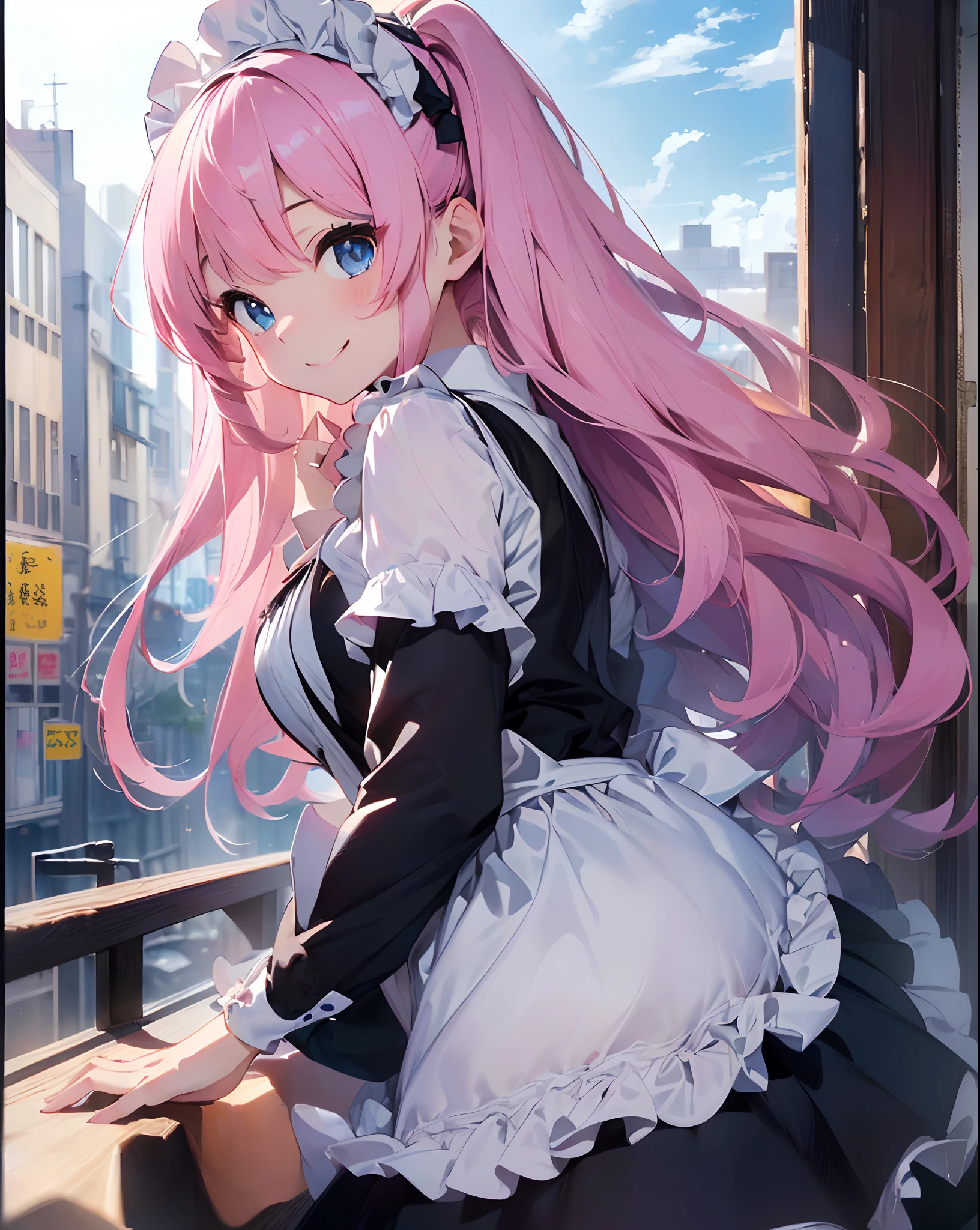 ((​masterpiece))、((top-quality)、(Super Detail)、in 8K、Delicate depictions are filmed in anime style。
posterior view、(Very long hair、A pink-haired、Bright blue eyes）18year old、(full bodyesbian)、Cute Maid Clothes、Maid Cafe、Take orders with a smile、dynamic ungle