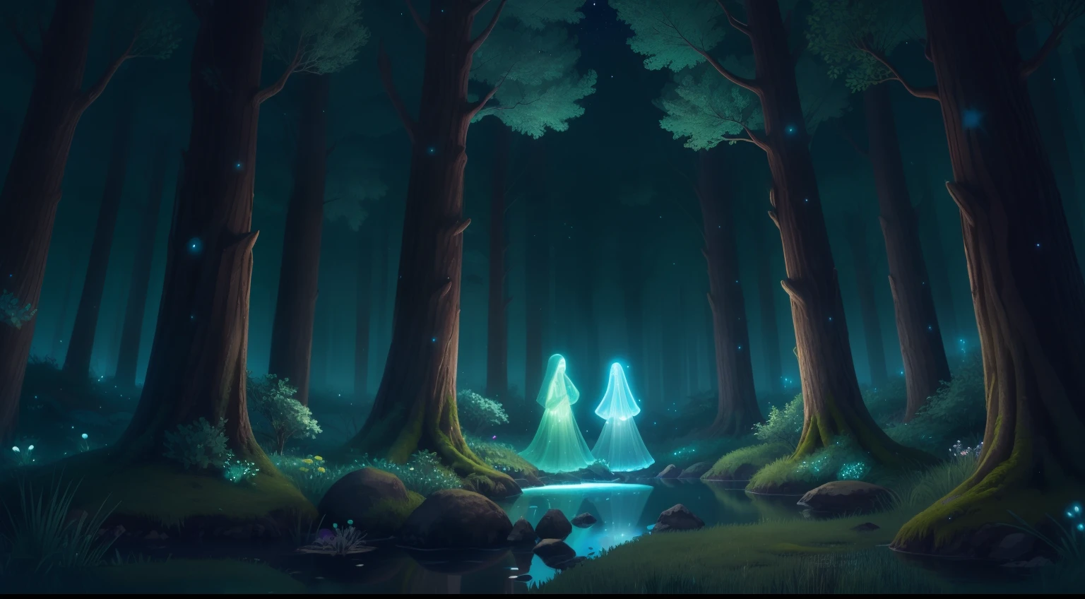 Aqua Aurora Forest:
Wander into a mystical woodland where trees shimmer with bioluminescent leaves that cast a dreamlike glow. In the heart of this forest, a tranquil pond reflects the night sky, mirroring constellations that swim beneath its surface. Forest spirits, resembling constellations themselves, weave luminescent threads into the fabric of reality.