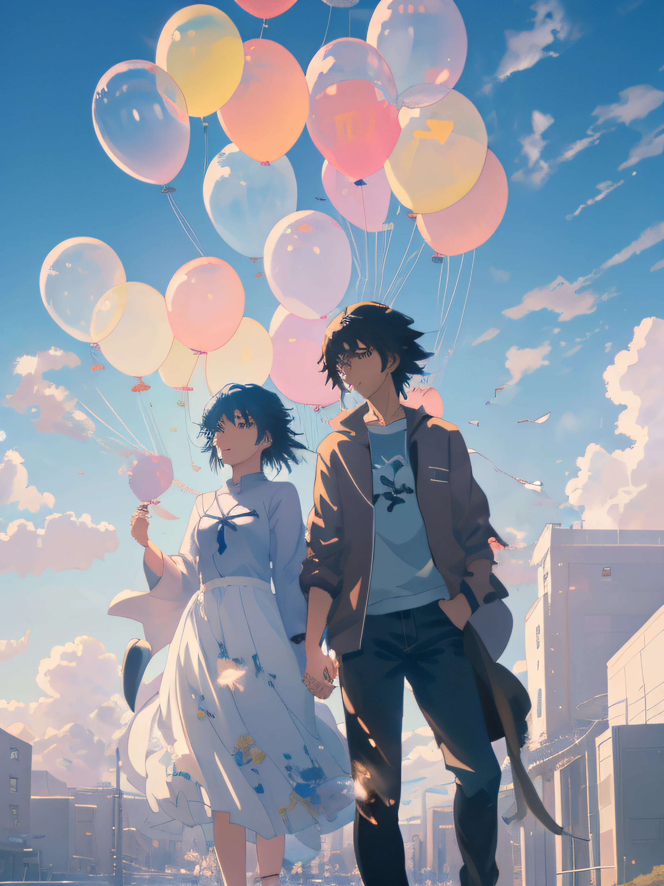 Anime couple with balloons in the sky, Guweiz e Makoto Shinkai, 4k manga wallpapers, Anime art wallpaper 8 K, Anime art wallpaper 4 K, Anime art wallpaper 4k, 4K anime wallpaper, Anime wallpaper 4 k, Anime wallpaper 4K, Ross Tran e Makoto Shinkai, Guviz-style artwork