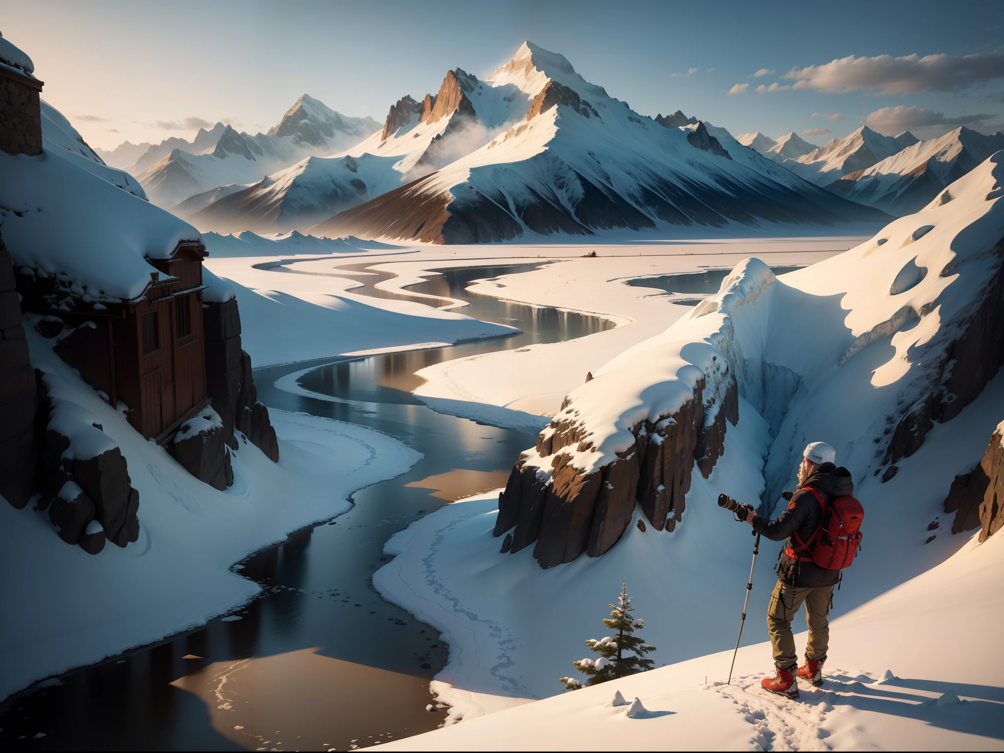 snow mountains,sunraise,The river freezes,Climbers stand on the lookout,holding a telescope