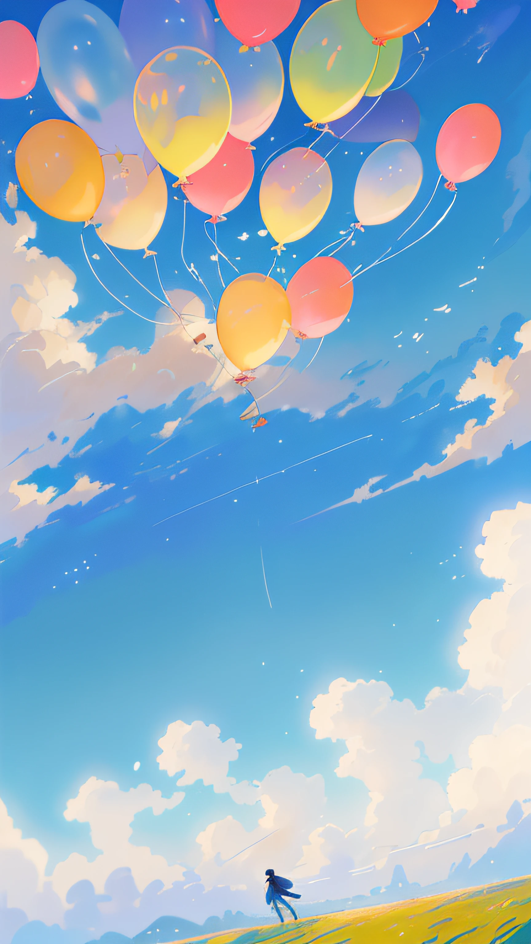 There are many balloons floating in the sky above the field, ( ( Makoto Shinkai ) ), Makoto Shinkai's style, in the style of makoto shinkai, colorful anime movie background, Anime Sky, Makoto Shinkai. —h 2160, Anime background art, animeaesthetic, anime backgrounds, Cosmos Sky. By Makoto Shinkai
