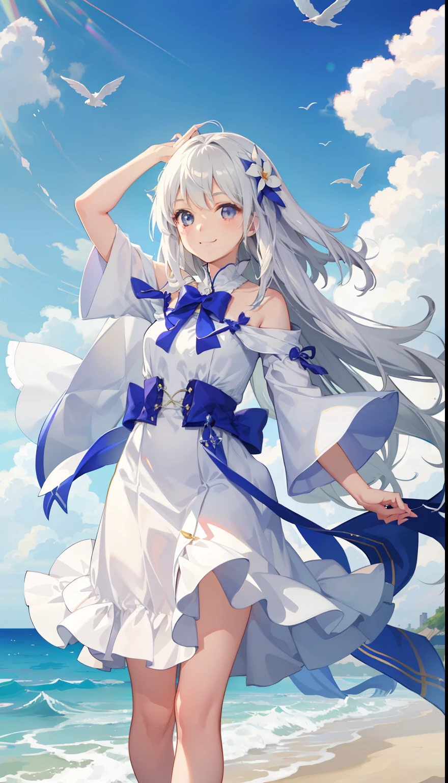 1girl in、A smile、A delightful! robe blanche、Wind Fairy、the wind、Mare、suns、