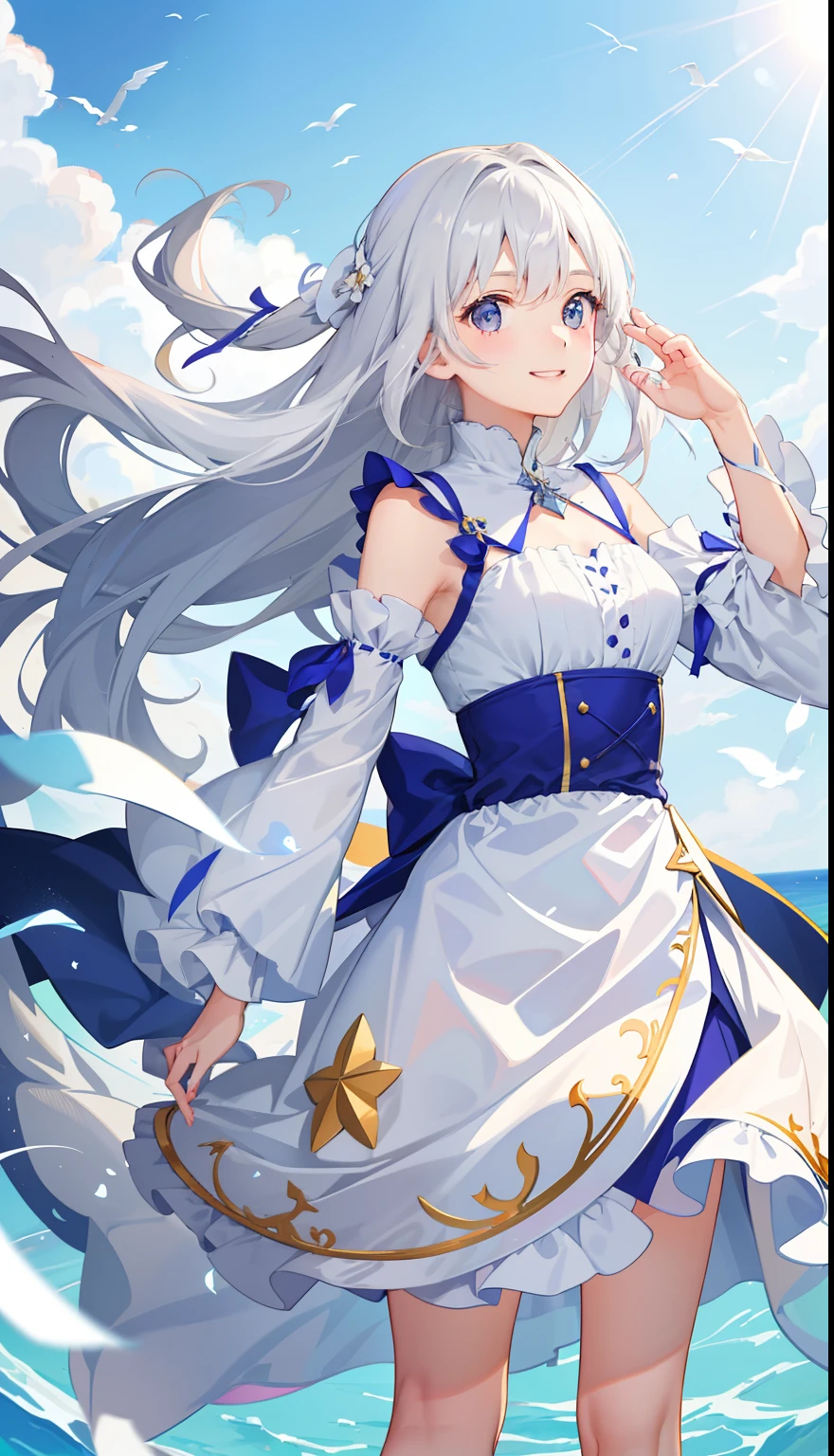 1girl in、A smile、A delightful!　robe blanche、Wind Fairy、the wind、Mare、suns、