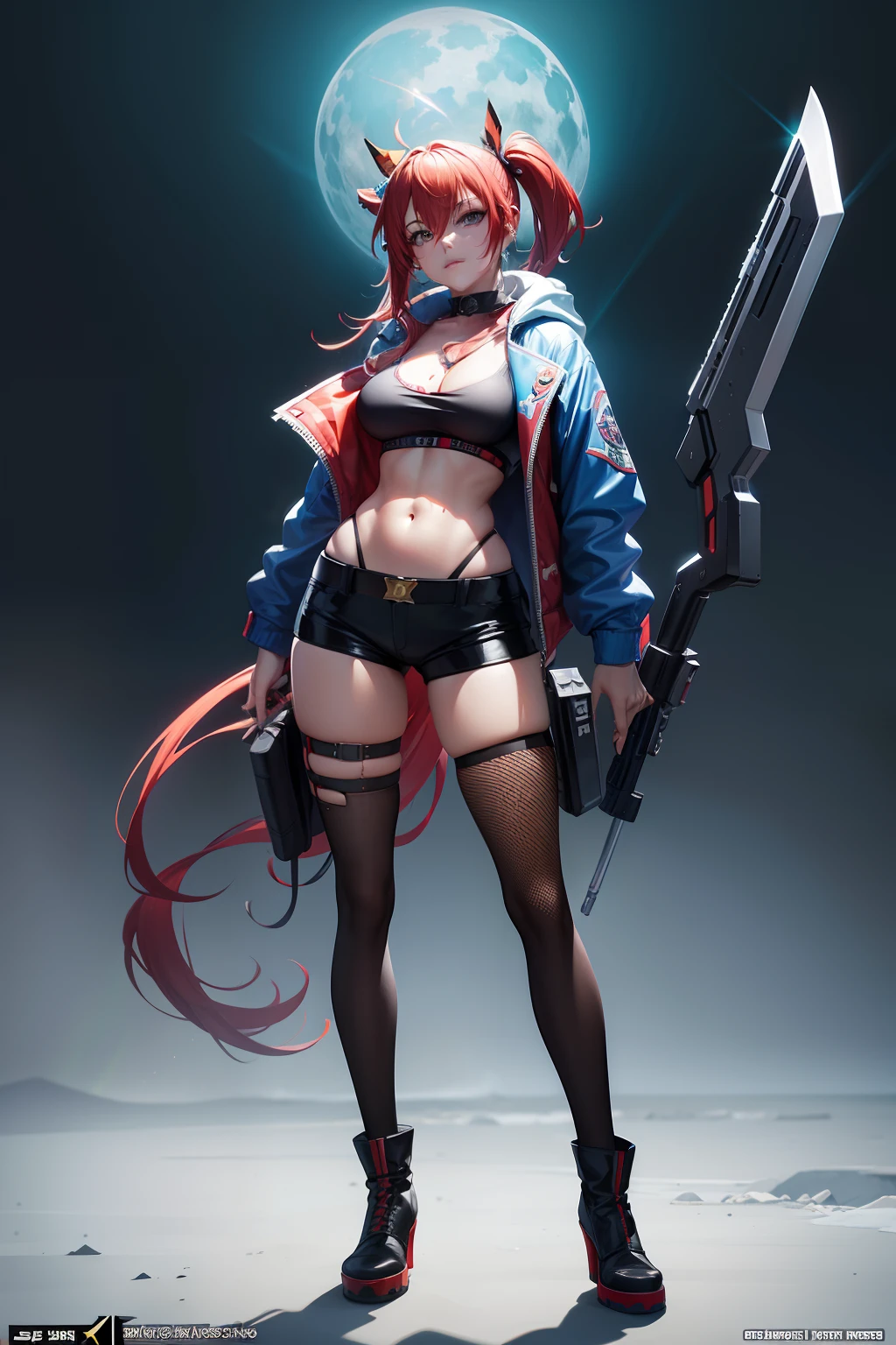 dual horsetail,Game design: Three views with three emoticons,Game design drawing,Standing painting,Sexy and cute,Bigchest,skin-tight short-pants,Martin boots,Jacket jacket,fishnet stockings,Villains,Clown Girl" Harley Quinn,,Japanese mobile games,Machinary,Up,skin-tight short-pants,Red and blue color scheme,cyborg goddess in cosmos, Kushatt Krenz Key Art Women, Cute cyborg girl, Clown Girl, A woman in a costume holds an axe in her hand, rossdraws volumetric lighting, wojtek fus, Harley Quinn, Halle Quinn standing, Best anime 4k konachan wallpaper, Anime art wallpaper 8 K, Girl with red and blue hair, Anime art wallpaper 4 K, Anime art wallpaper 4k, Badass anime 8 K, Detailed digital anime art, from girls frontline, advanced digital anime art