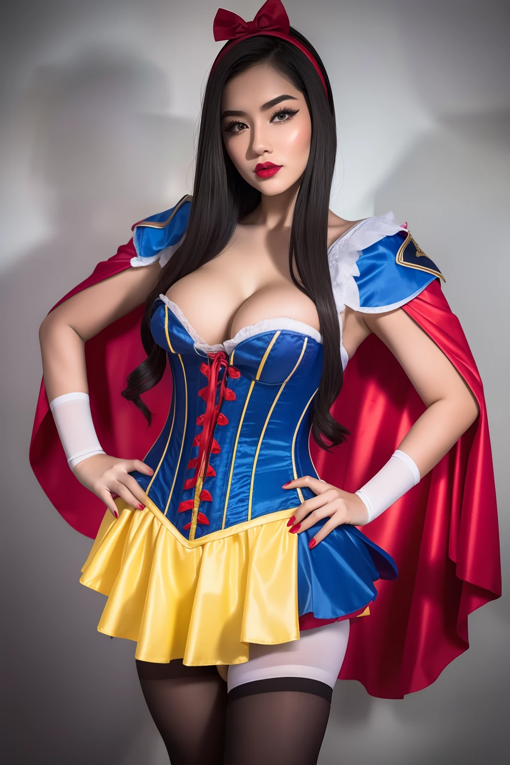 Extreme closeup of a Beautiful Chinese 14 year old teenage girl, wearing snow white cosplay, blue silk corset, red silk cape, yellow silk pleated skater skirt, white leggings, black bob hair, red hairband, masterpiece, photorealistic, amazingly detailed face, maximum resolution,  small breasts, hand on hip, dynamic pose