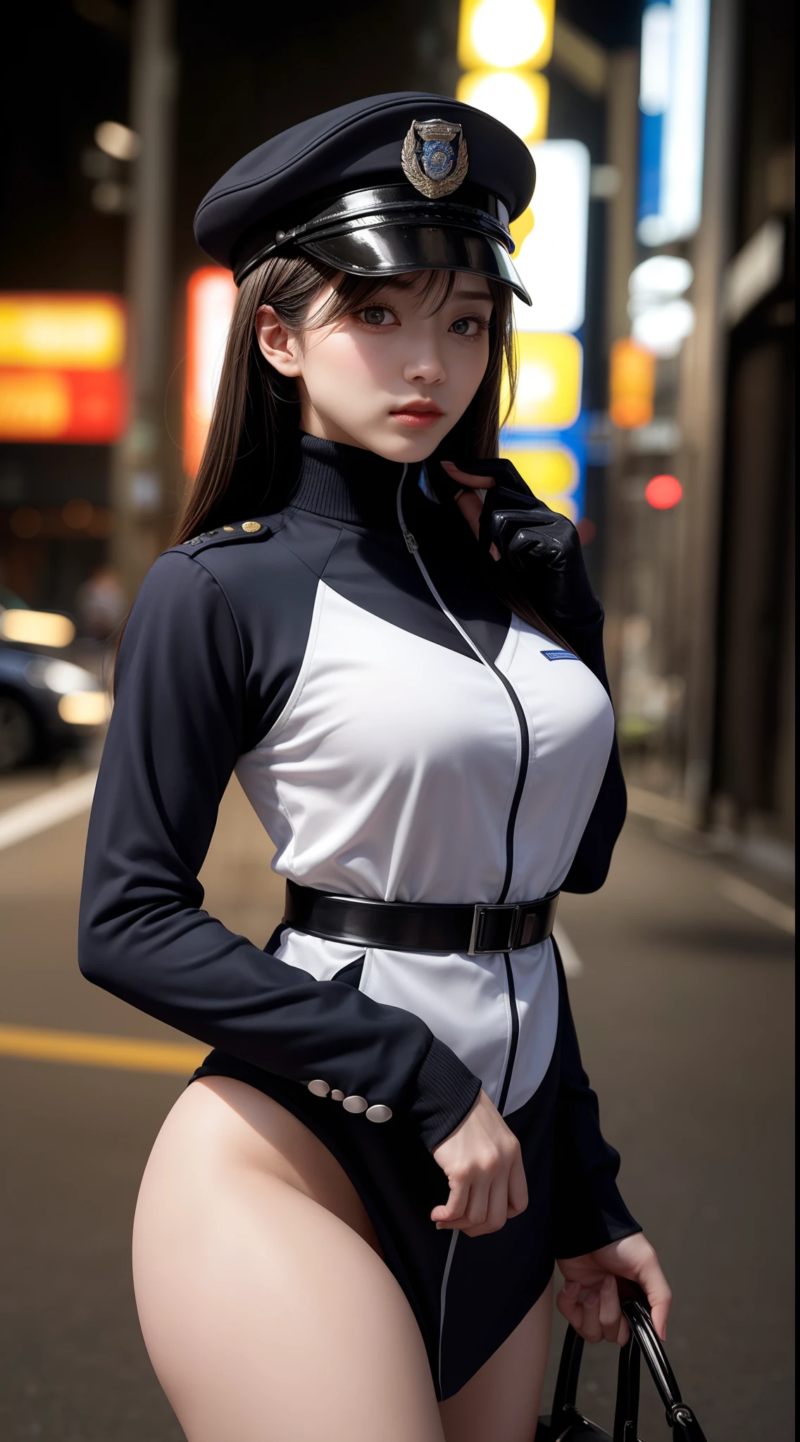 The highest image quality,excellent detail,The ultra-Highres,Policewoman,The Police Officer of the Future,model figure,dynamicposes,Melancholy look,Melancholy eyes,masked,She is dressed in the uniform of a futuristic police officer,She stood in front of a police car,Sturdy body,Detailed abs,Detailed muscle lines,A sense of power,sweat face,natta,Toiko,exterior,street corner,Streets in downtown Tokyo:1.5,Tokyo night view background,at night,neon lit,technological sense,future tech,Very detailed cyberpunk style,Cyberpunk persona:2.0,Police uniform:2.0,police hat,Wearing a police cap,Electric baton,With a gun:1.5,The Gun of the Future,intercom,Wireless devices:1.5,handcuff:1.5,Police Cars:1.5,Police cars of the future,(Highly detailed body,highly detailed face,Best quality at best:1.2) ,frontage,full bodyesbian,look from bottom to top,From bottom to bottom, lookin at viewer,machinery,Tokyo City Background,Tokyo City,Toiko,((machinery:1.5)),((Police uniform:2.0)),((Hold the electric baton with both hands:2.0)),((Police Accessories:2.0)),((Police equipment:2.0)),((Tokyo city background at night:2.0)),((Busy streets:1.5)),((Police Cars:2.0)),(fully body photo:2.0),((natta:2.0)),((detailed hands:2.0)),((Harmonious body proportions:1.5)),((Normal limbs:2.0)),((Ordinary fingers:2.0)),((Detailed Eyes:2.0)),((normal eye:2.0)),