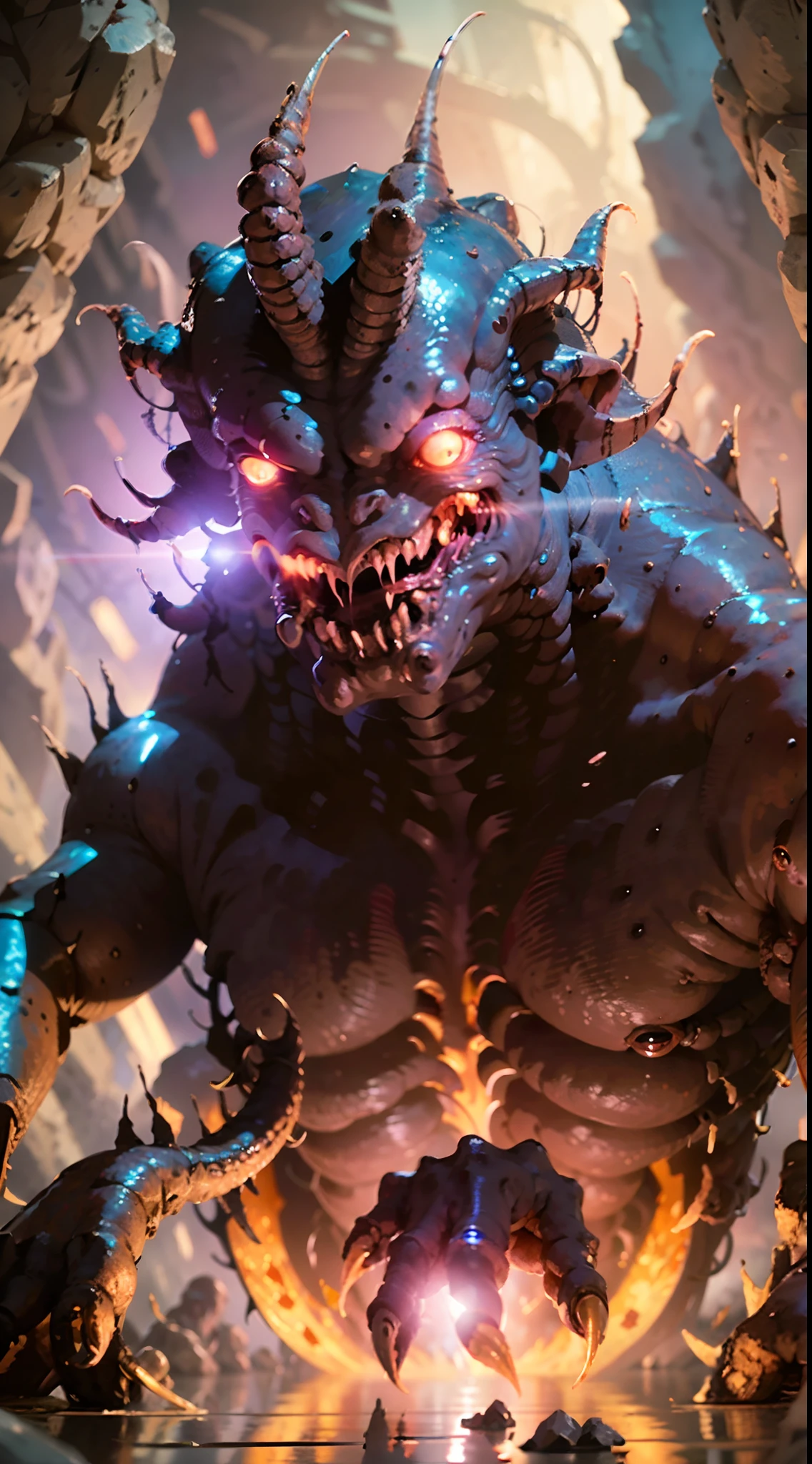 (Cthulhu trolls)，(solo person：1.1), dynamic angle，Giant body shape，afloat，The characters are located between huge canyons，Dill Sky，Huge broken wings，over exposure，(hold fists：1.21)，face expressionless，hairs between eyes，blood vess，palp，tentaculata，Delicate body hair，Terrifying gaze，Multiple eyes all over the body，molten lava，Lens flare，(tmasterpiece：1.21)，(top Quority：1.331)，(illustration：1.21)，(Fluffy hair：1.21)，(frilld：1.21)，
