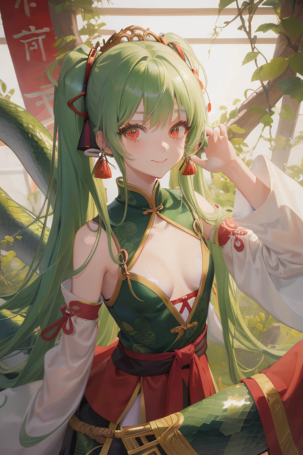 A beautiful girl, anime style girl, green hair, straight hair, long hair, twin tail, tied up with a ribbon, red eyes, red chinese cloth, with many animal cages, with snake, green snake, smiling, (small breasts), 8k, super detail, masterpiece, high quality, high resolution, high detail, high face detail, HD quality