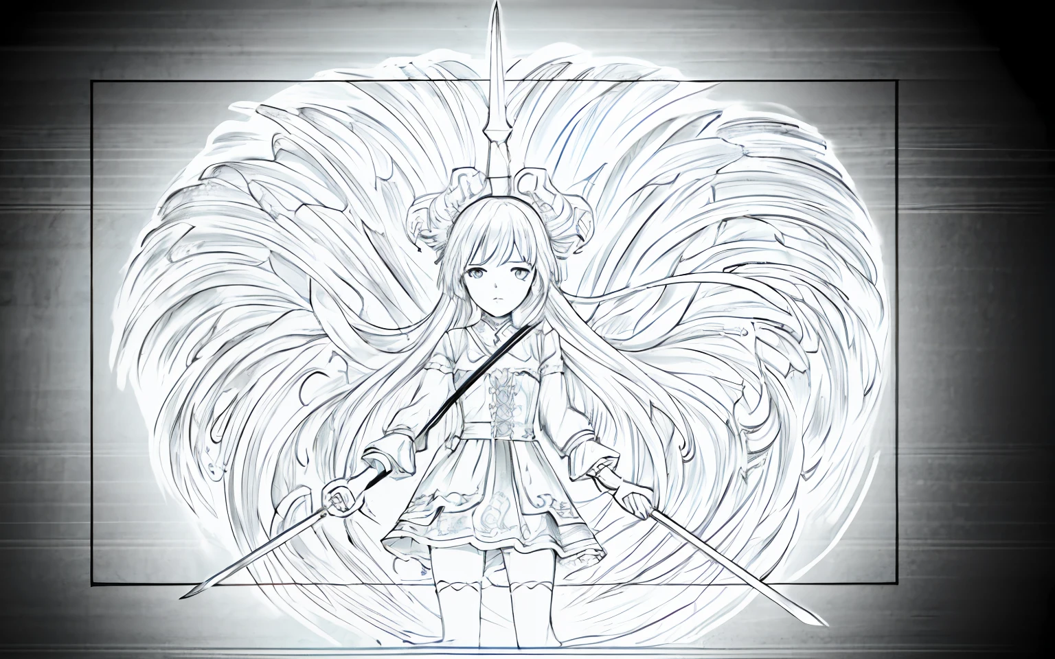 a drawing of a girl in a dress with a sword, clean anime outlines, perfect lineart, traditional drawing style, clip studio paint, Outline sketch, intricate line art, clean lineart, intricate ornate anime cgi style, detailed line art, live2d virtual youtuber model, outline art, contour drawing, anime style drawing, Line art!!, how to draw anime