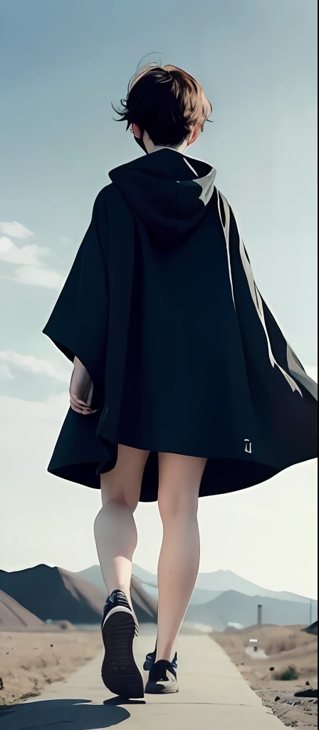 One in a cloak with his back to him,Running boy,short detailed hair