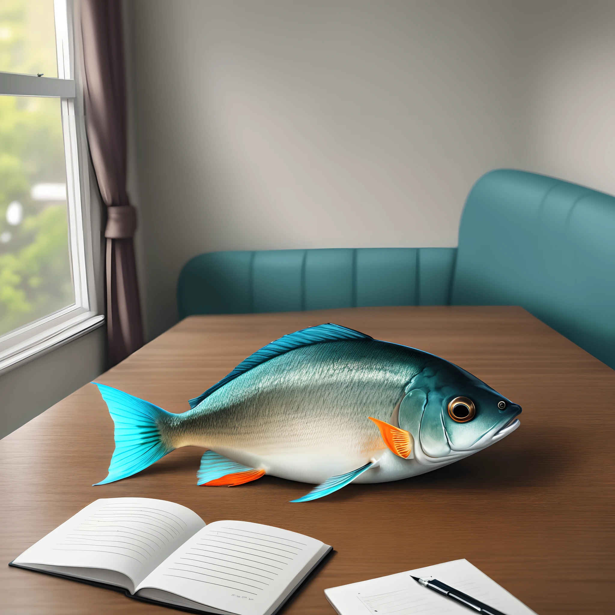A fish sits on a table and writes with a pen