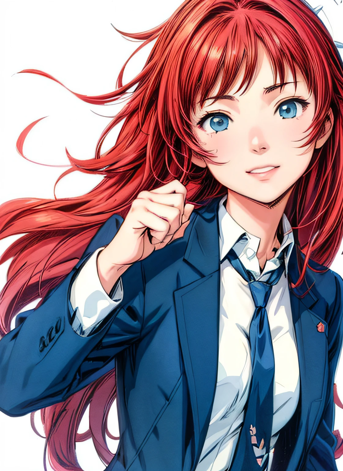 actionpose、Overflowing、cheerfully、(Manga style)、(linear art_Anime)、(solid color_strong contrasts)、小柄,Solo_girl, masterpiece, top-quality, beautifully drawn, ighly detailed, Aesthetic painting, (Lora Add Details:1.0),hi-school girl、Straight hair、jaket、Business suits、neck tie、(Background of the building district:1.0)