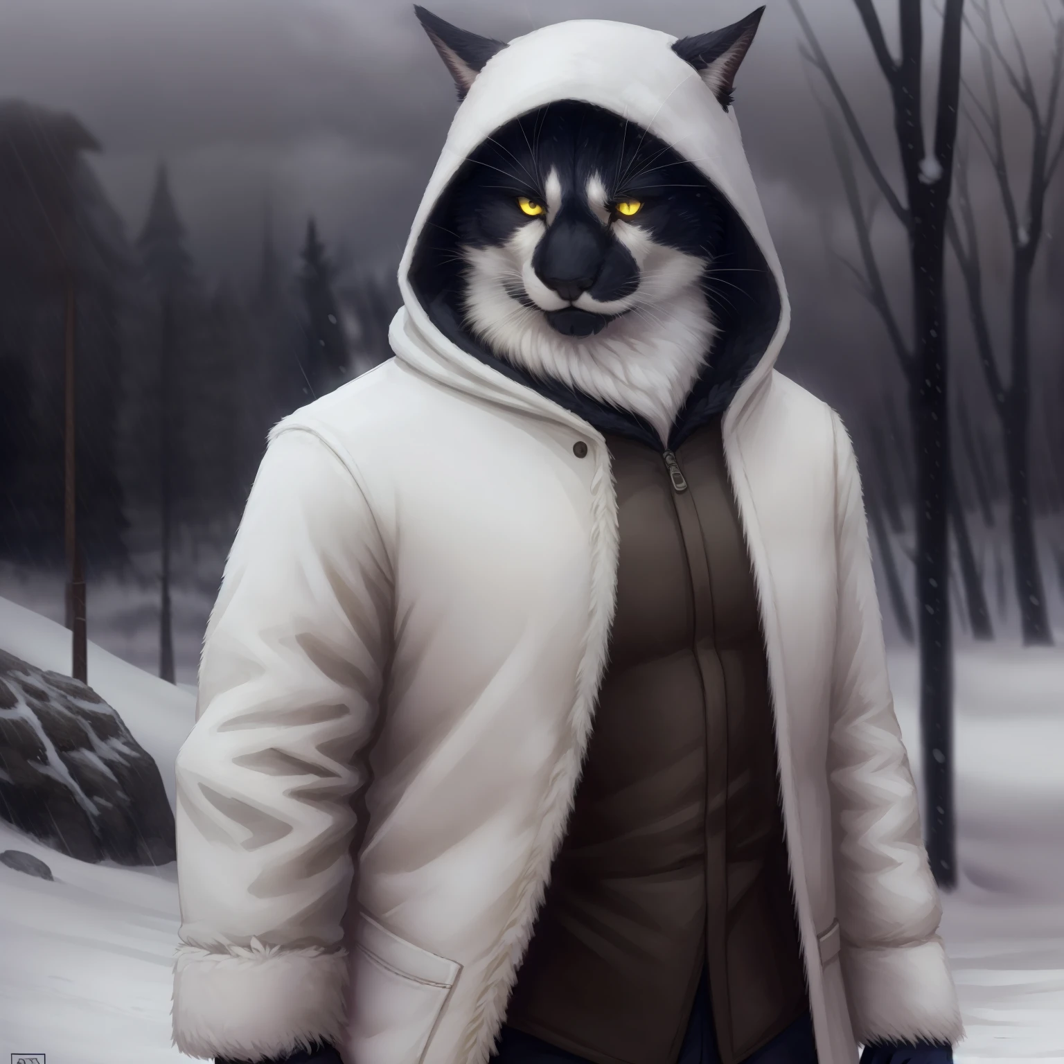 Leo, anthropomorphic, standing upright, white coat, furry trim on hood, in a snow storm, serious face, standing upright, glowing yellow eyes