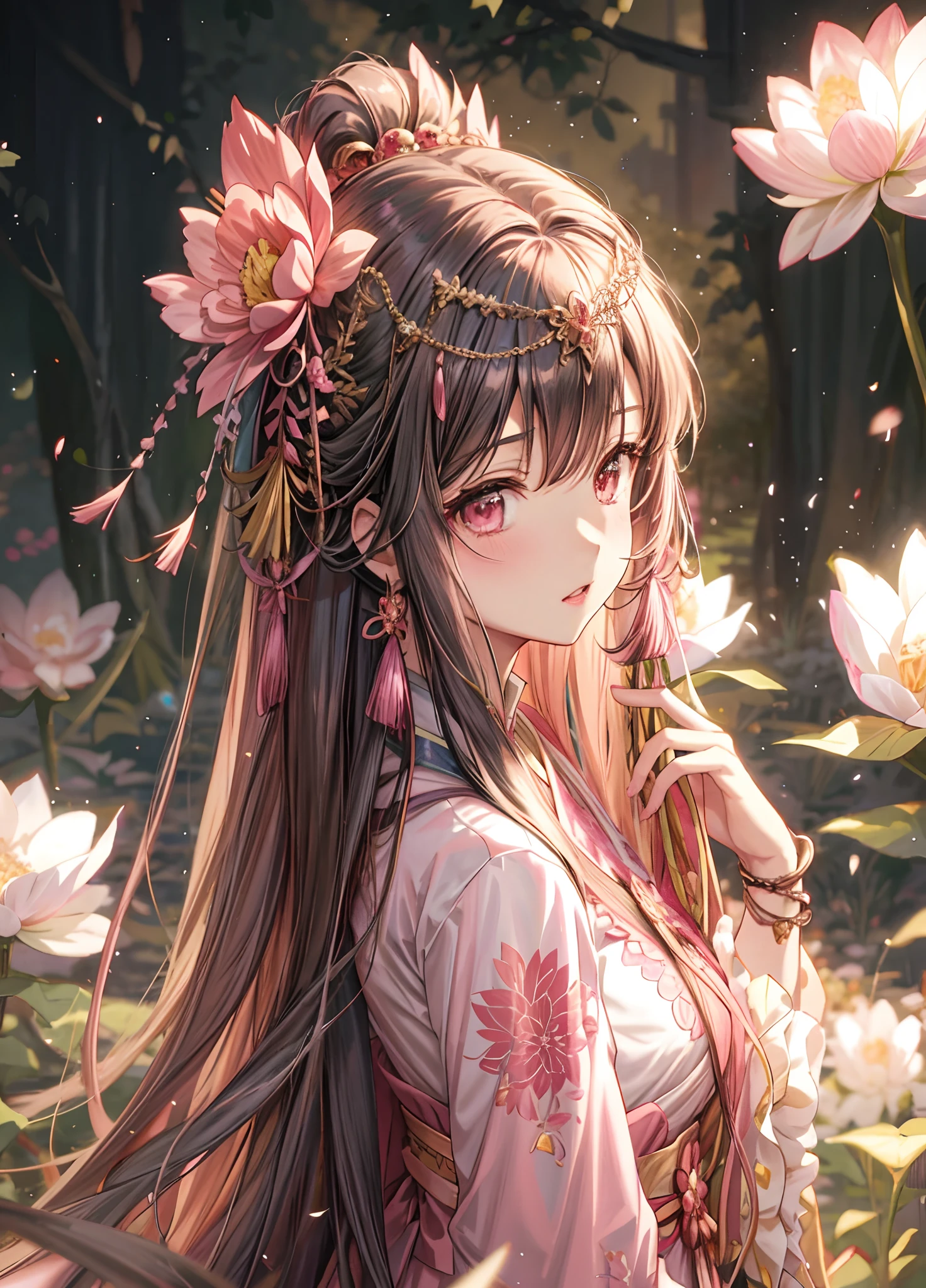 anime girl with long hair and pink dress standing in a field of flowers, beautiful anime girl, beautiful anime portrait, beautiful anime woman, anime girl with long hair, guweiz, gilded lotus princess, anime goddess, beautiful alluring anime woman, by Chen Lin, beautiful anime, palace , a girl in hanfu, beautiful anime style, by Yang J
