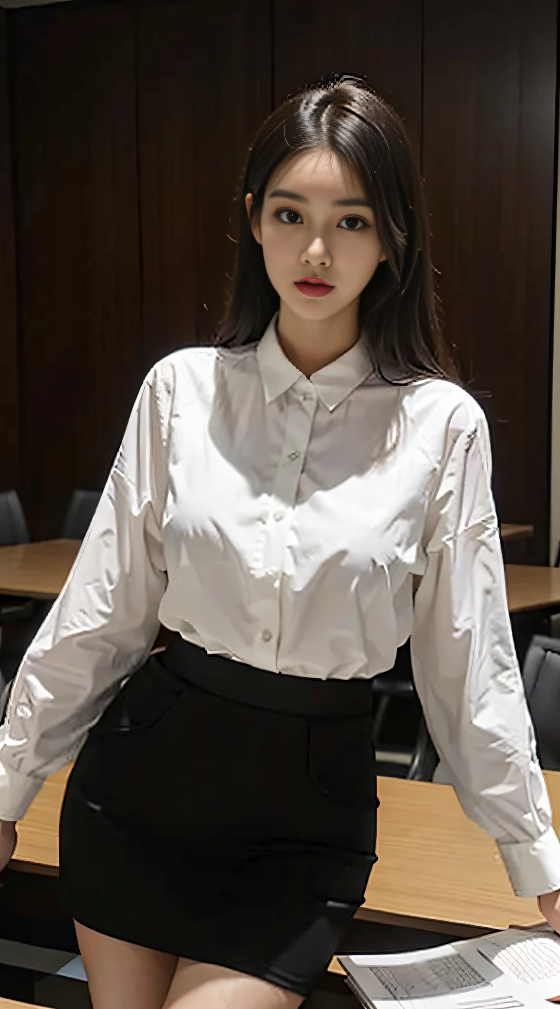 Beautiful female secretary、Business Wear、White blouses、Black tight skirt、slim figure、Oversized bust、Slim Girl Model、24歳の女性モデル、long legged、meeting room、