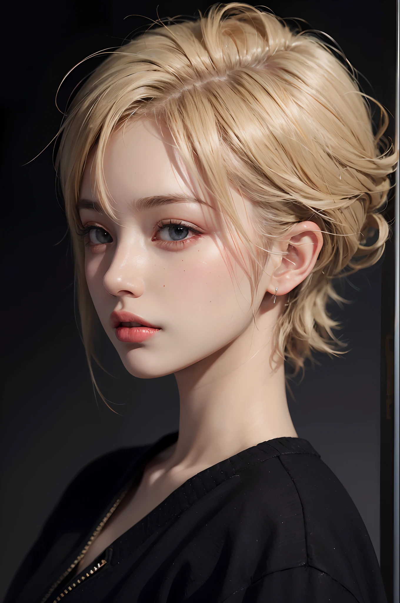 a 20 yo woman, blonde, (hi-top fade:1.3), dark theme, soothing tones, muted colors, high contrast, (natural skin texture, hyperrealism, soft light, sharp)
