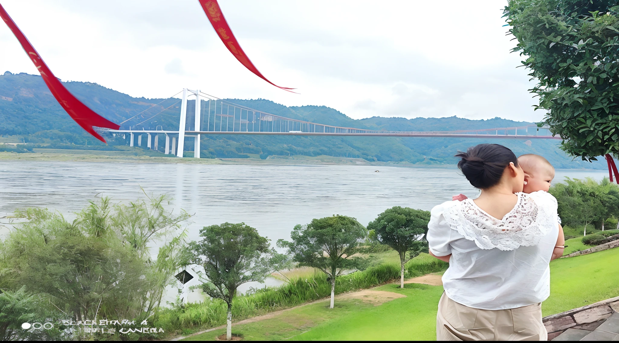 In the grass stood a woman and a baby, Handsome, a long-shot, connected with hanging bridge!!, river in front of him, visually pleasing, river in the background, far away from camera, Family, photo taken with canon 5d, The end of an era, cover shot, Taiwan, A handsome, surprise, from the distance, sichuan