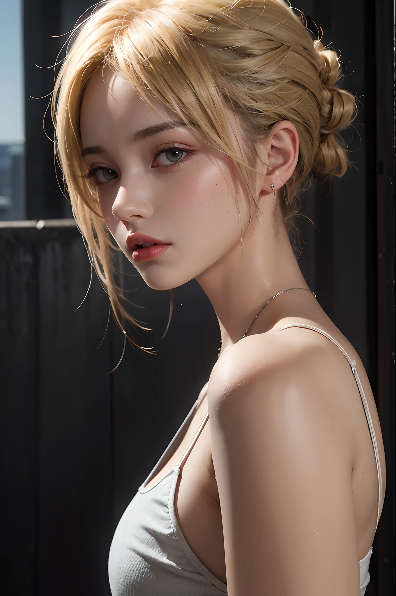 a 20 yo woman, blonde, (hi-top fade:1.3), dark theme, soothing tones, muted colors, high contrast, (natural skin texture, hyperrealism, soft light, sharp)